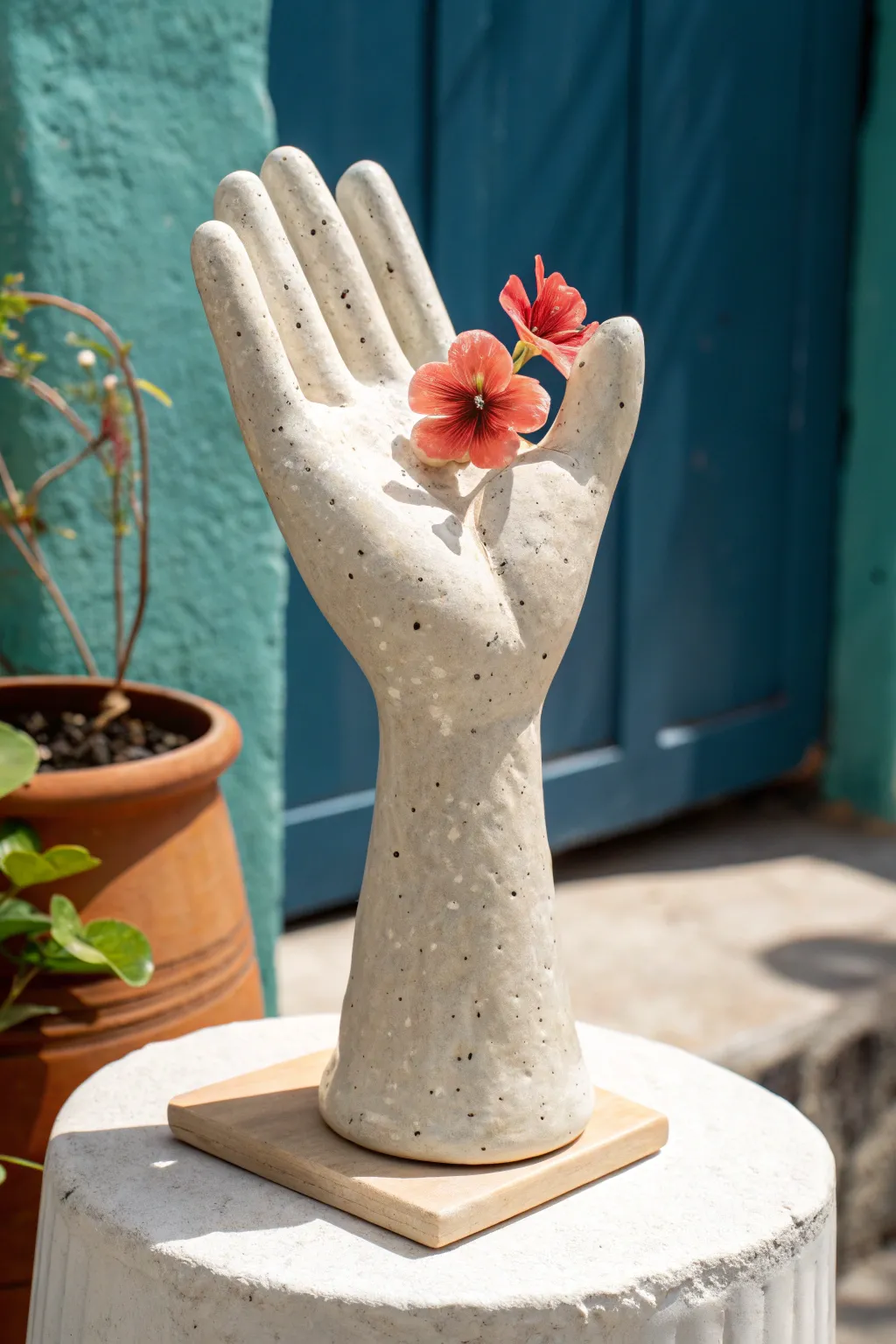 Minimal ceramic hand sculpture holding a bright flower, an easy surreal project for high school clay