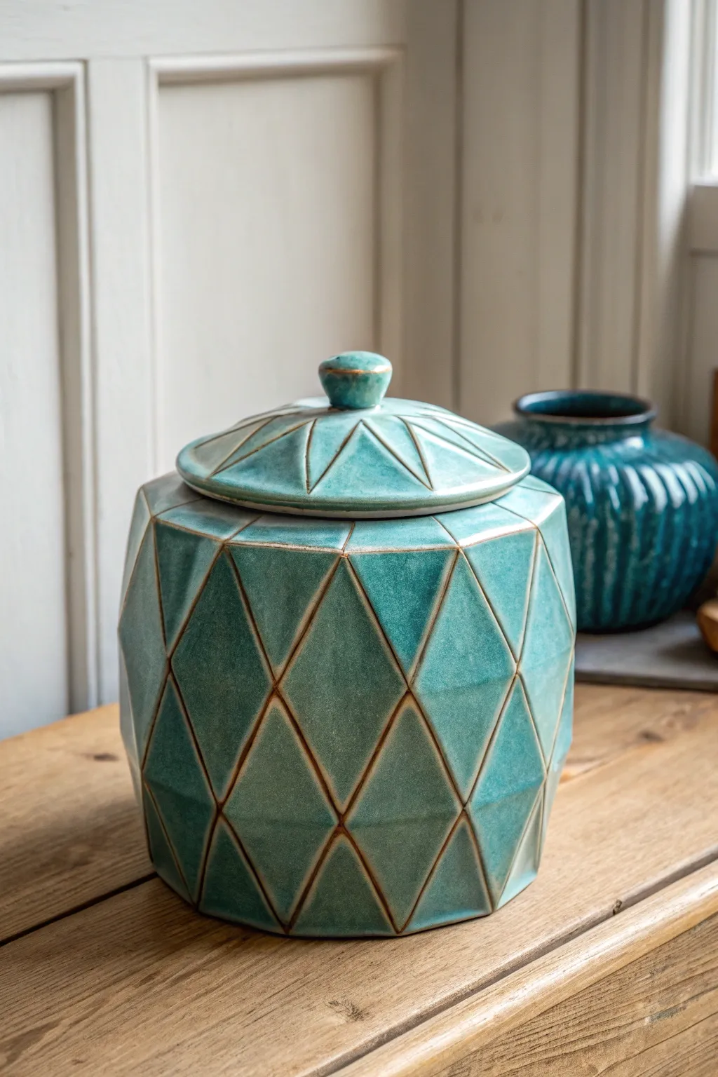 Faceted ceramic jar in deep teal with a soft matte glaze for modern, handcrafted elegance.