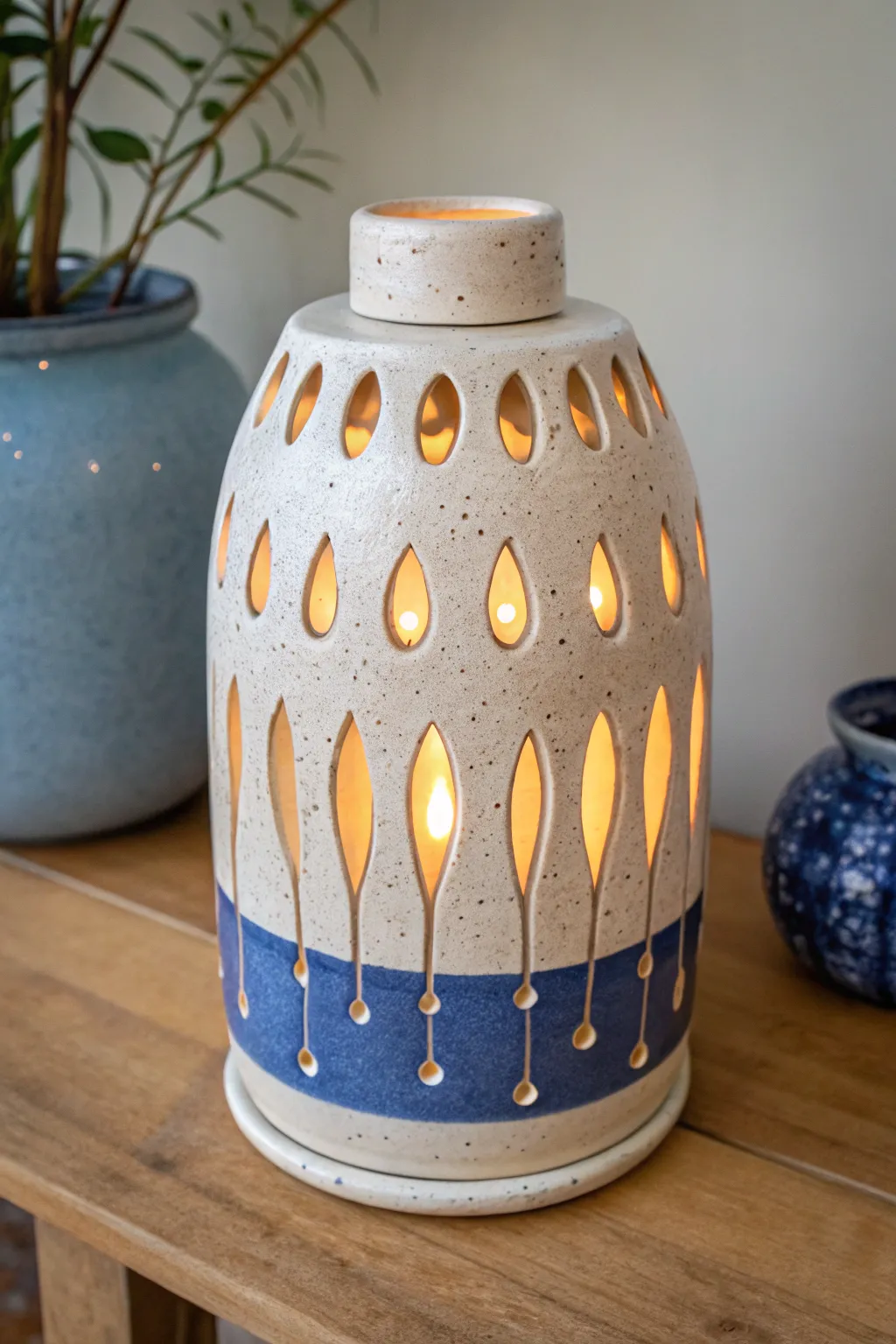 Glaze-drip lantern glowing through cutouts, bold color and cozy light in minimalist style