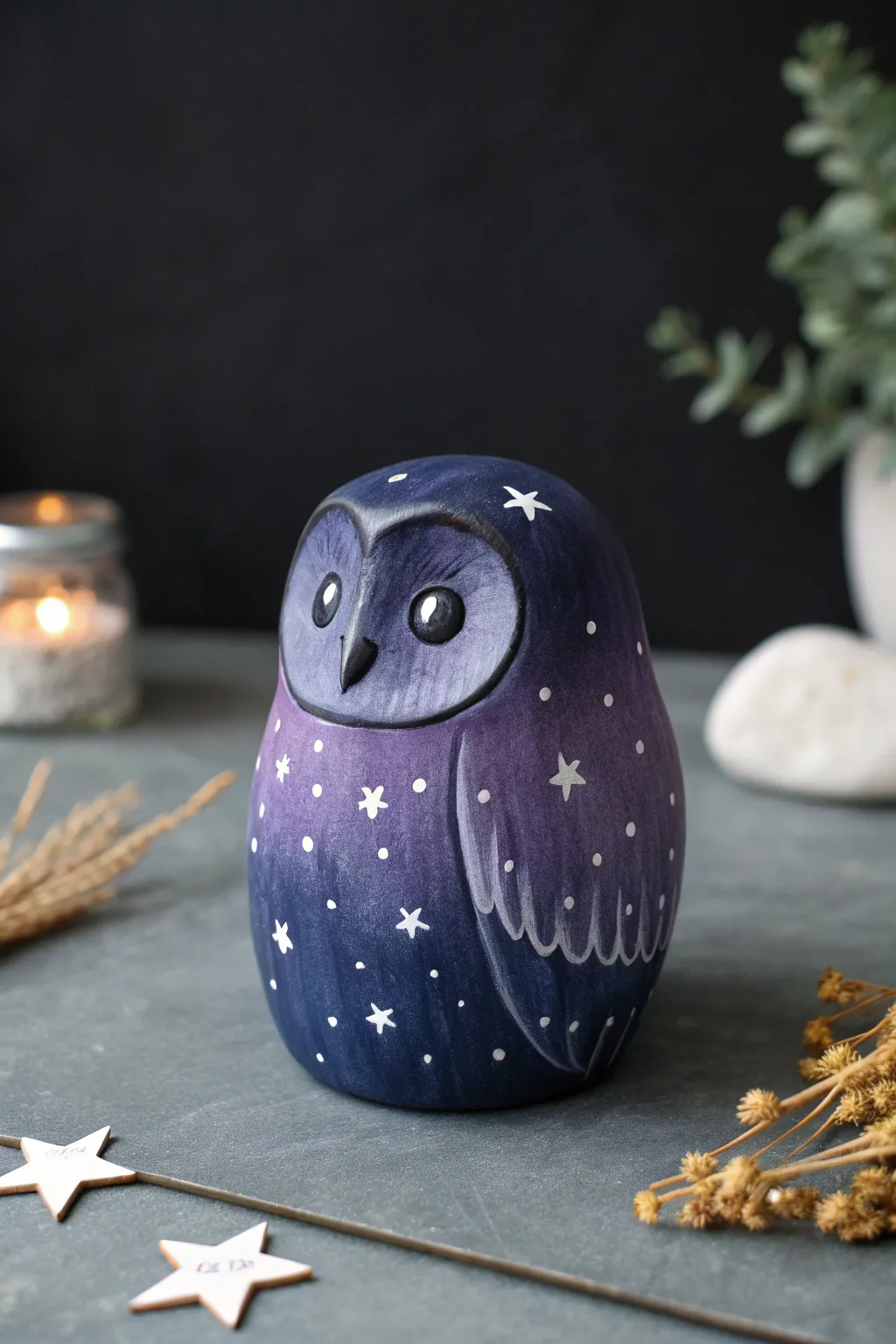 Starry galaxy owl in navy and purple with dotted constellations, minimalist and dreamy.