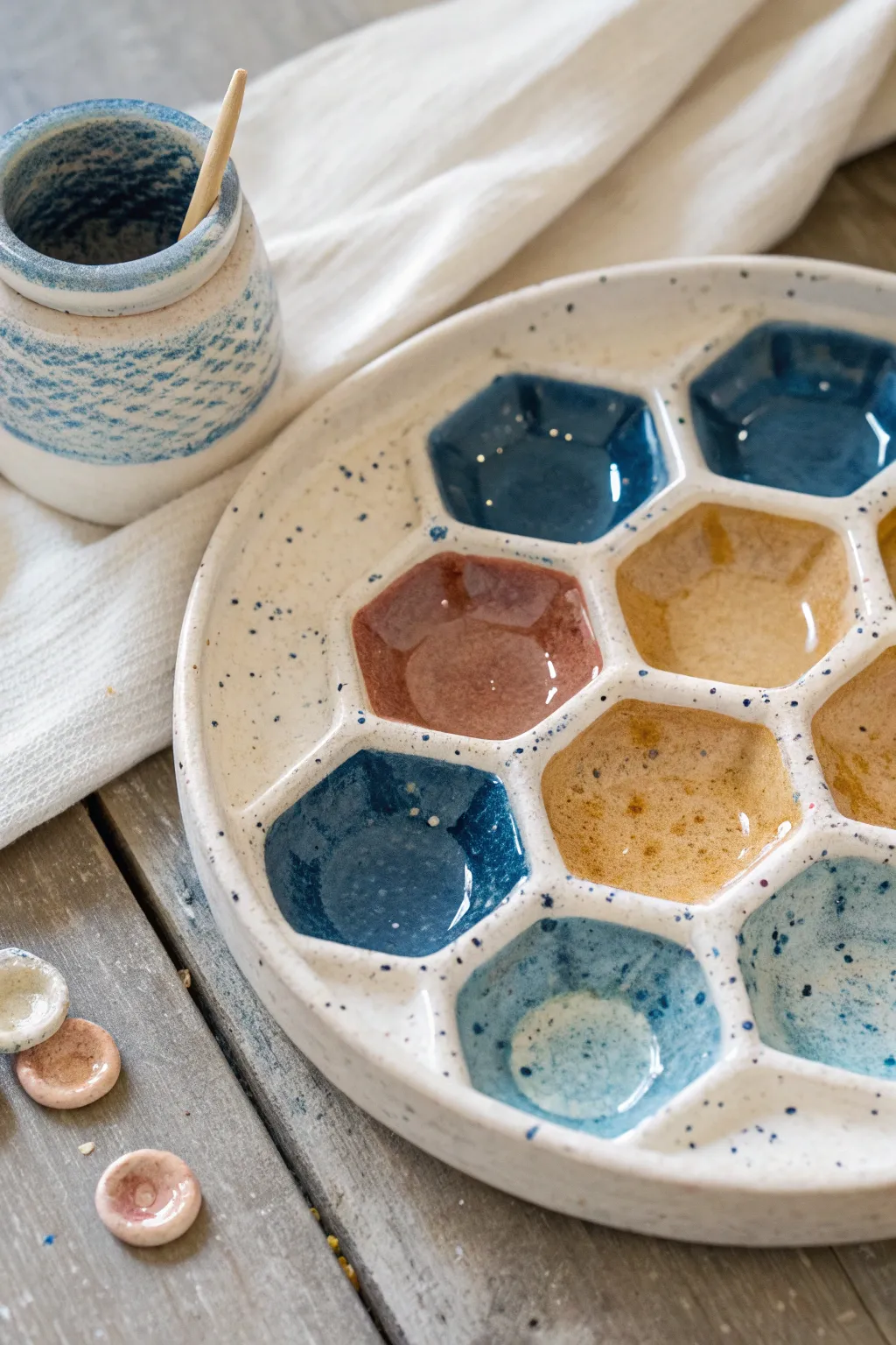 Honeycomb ceramic palette with bold glaze and easy-switch wells for quick, tidy color changes.