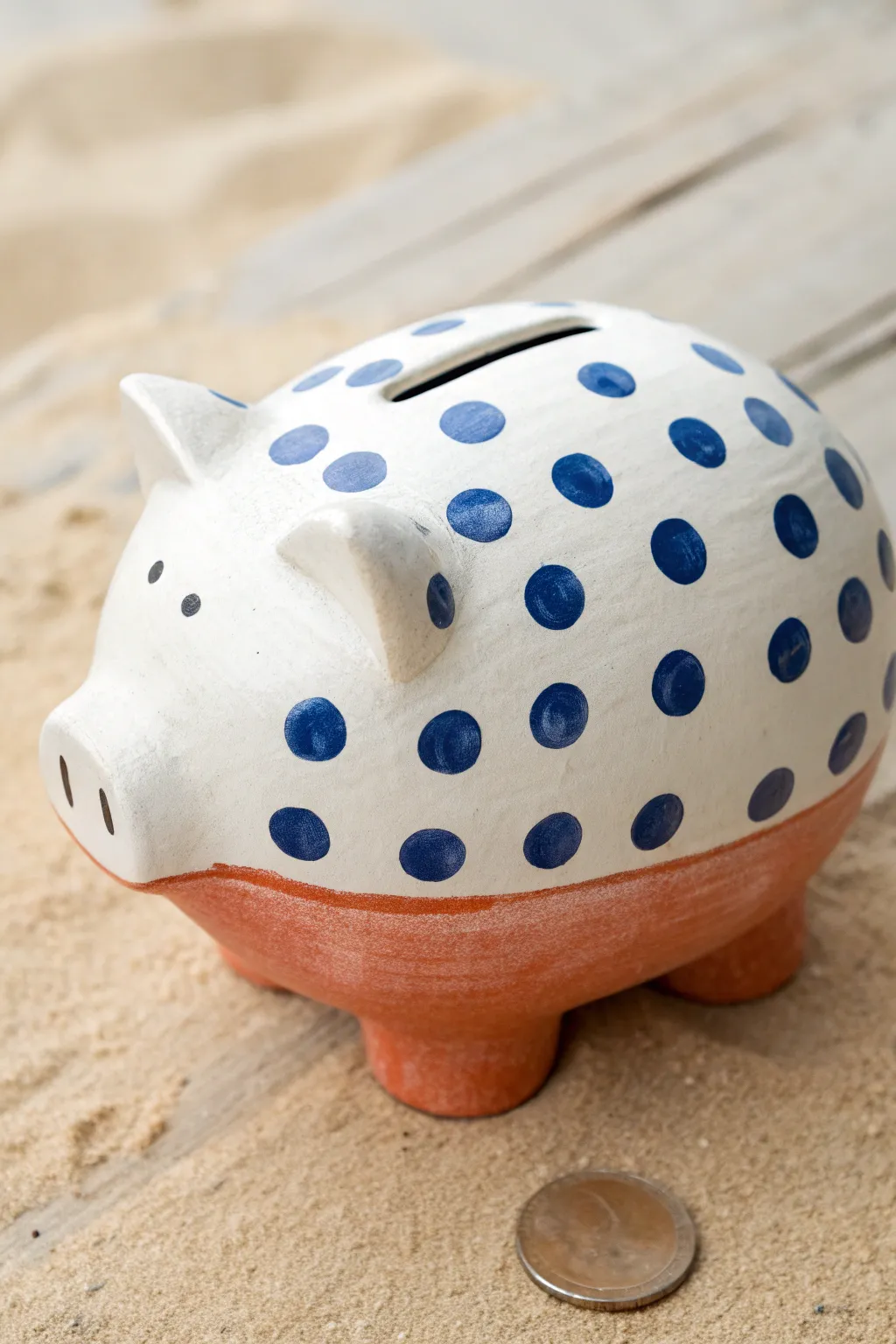 Playful polka dot piggy bank with a modern two-tone dipped belly, minimal and bold.