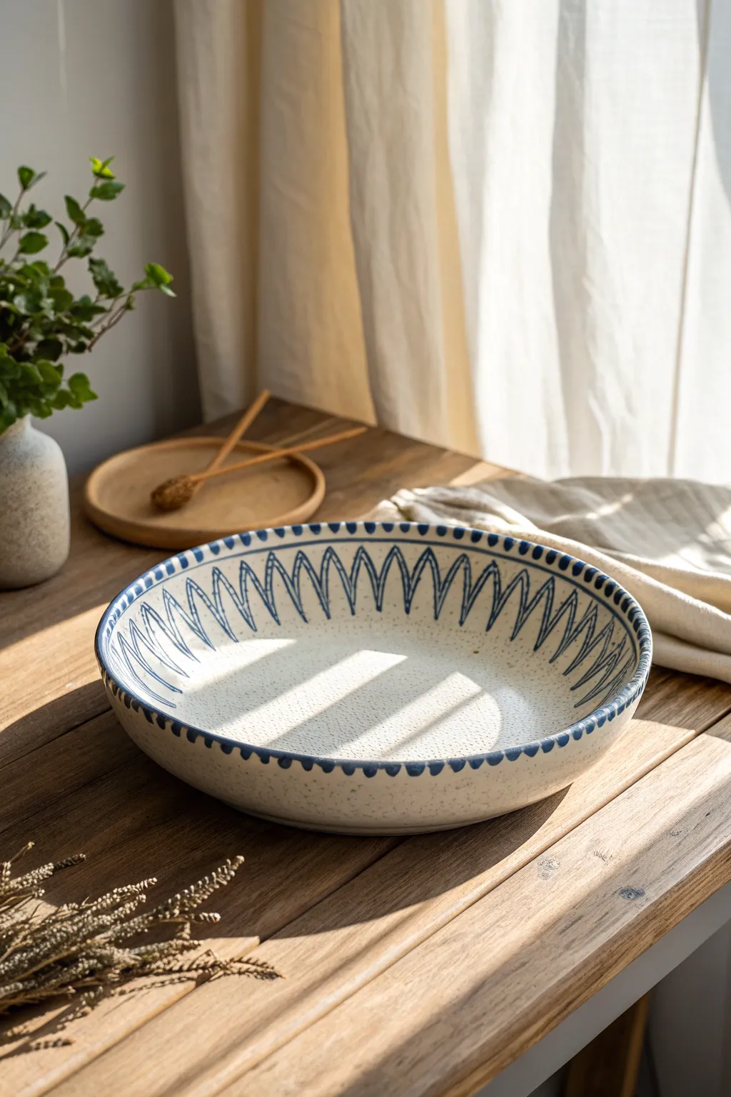 Carved rim platter catches warm light, creating bold shadows and a calm Nordic-boho vibe.