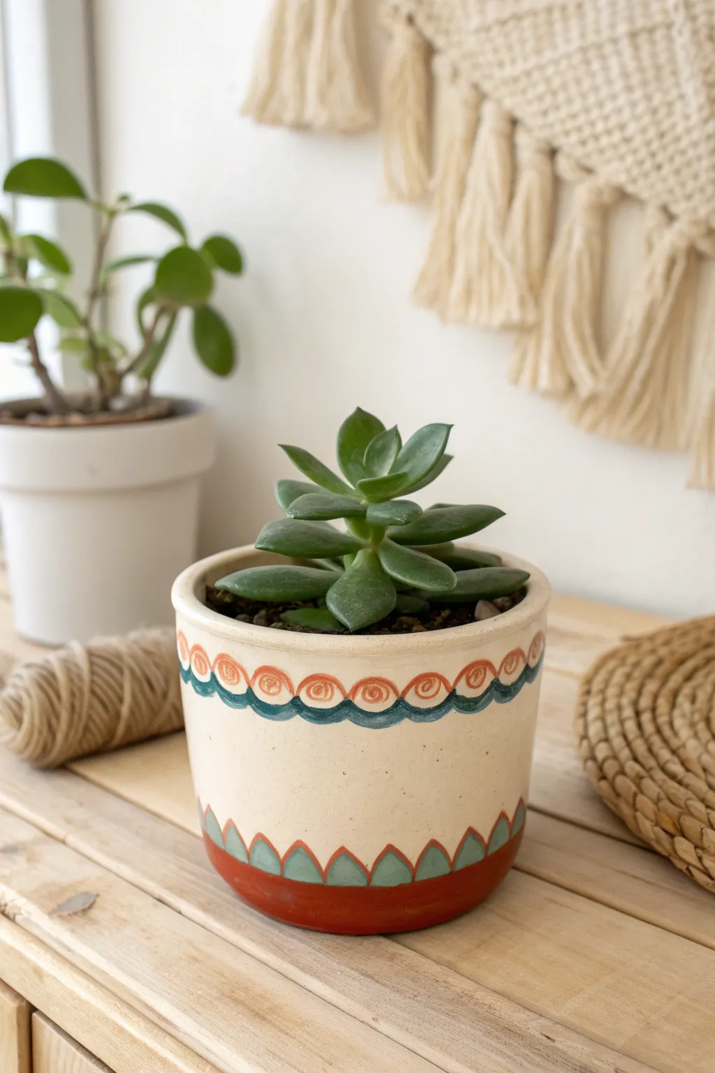 Minimal ceramic planter with a bold scalloped rim accent and a fresh succulent centerpiece.