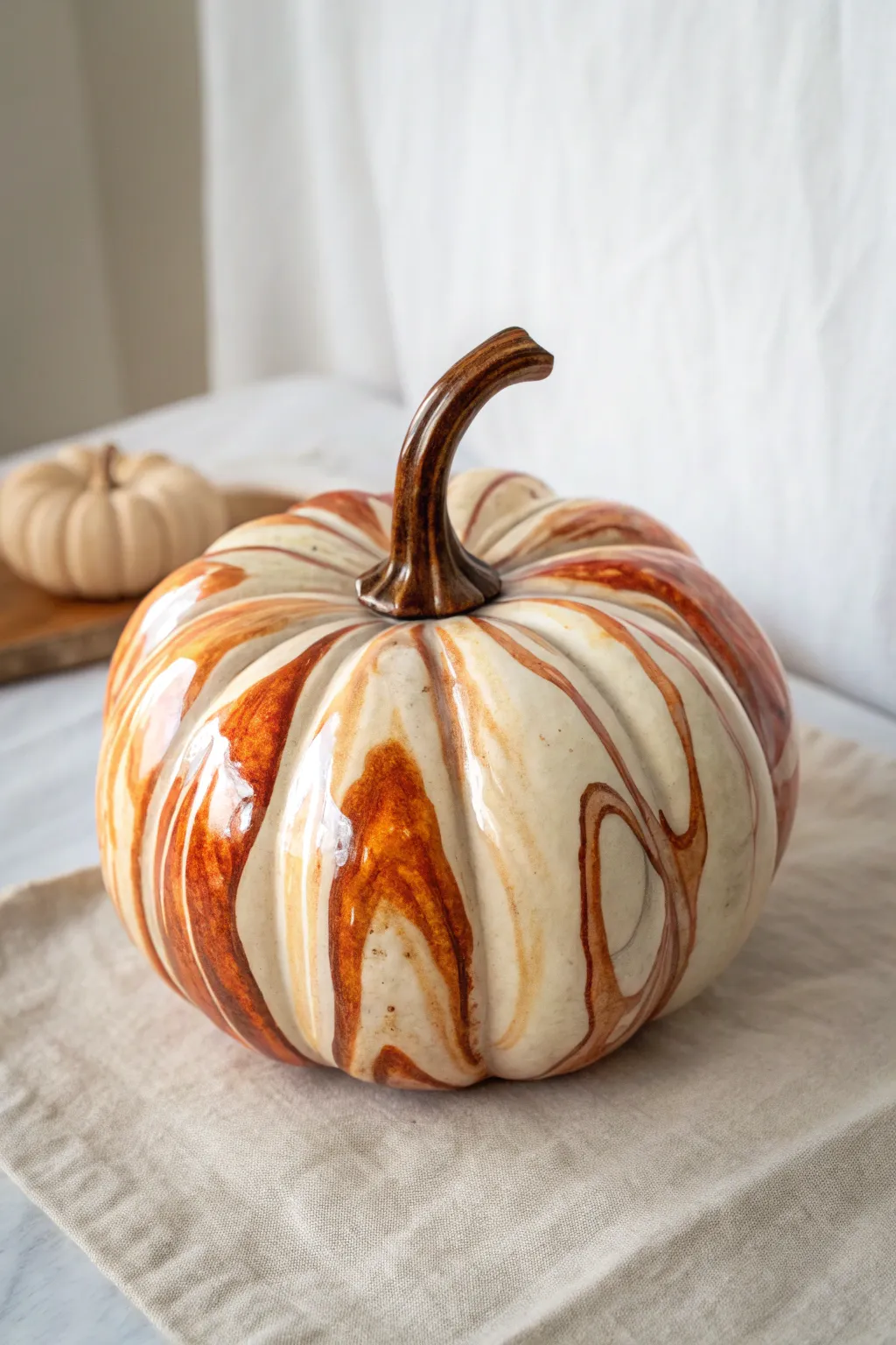Glossy marbled ceramic pumpkin in creamy rust swirls, minimalist styling and bold fall contrast.