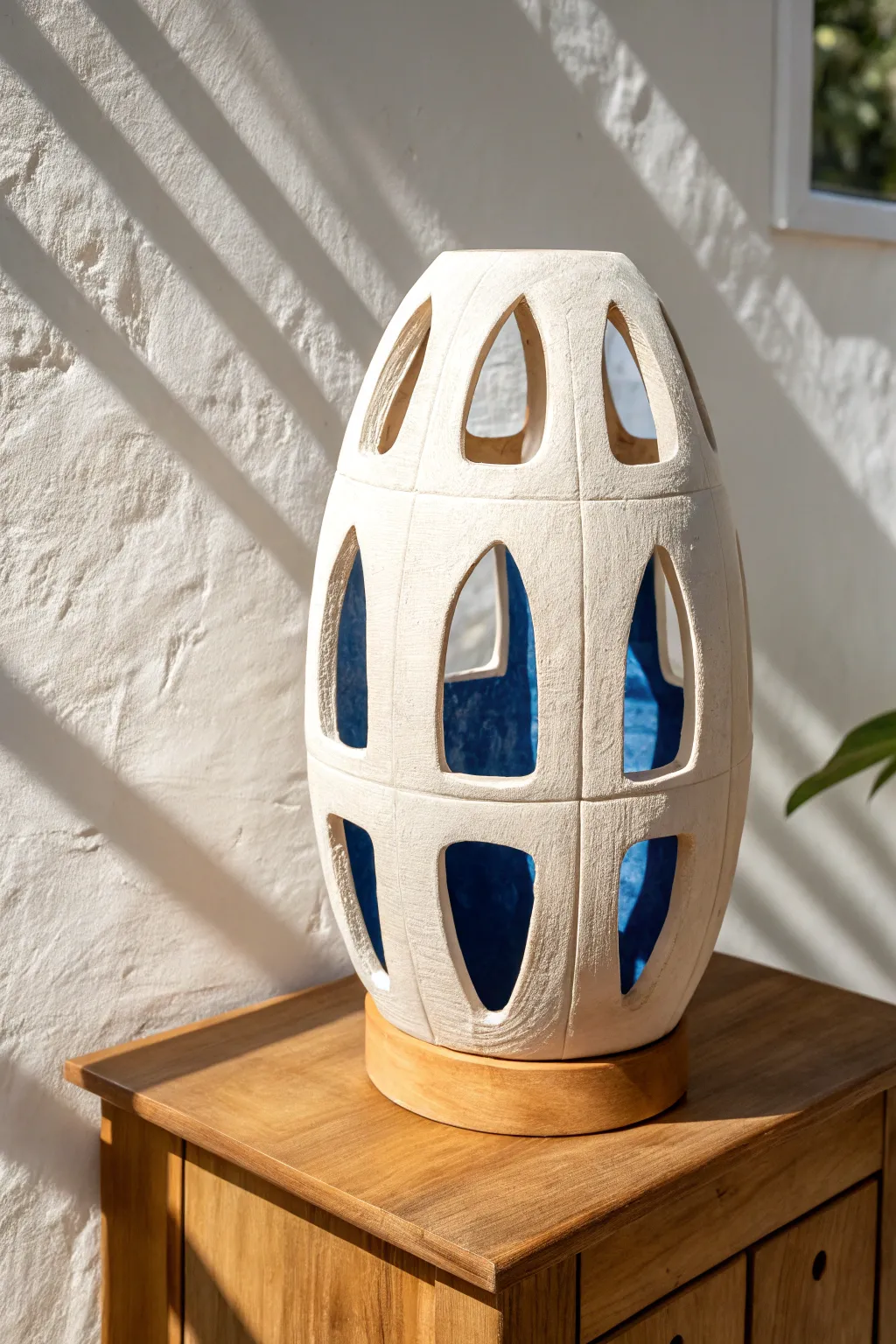 Hollow ceramic form with bold cutouts, where light and shadow turn empty space into design
