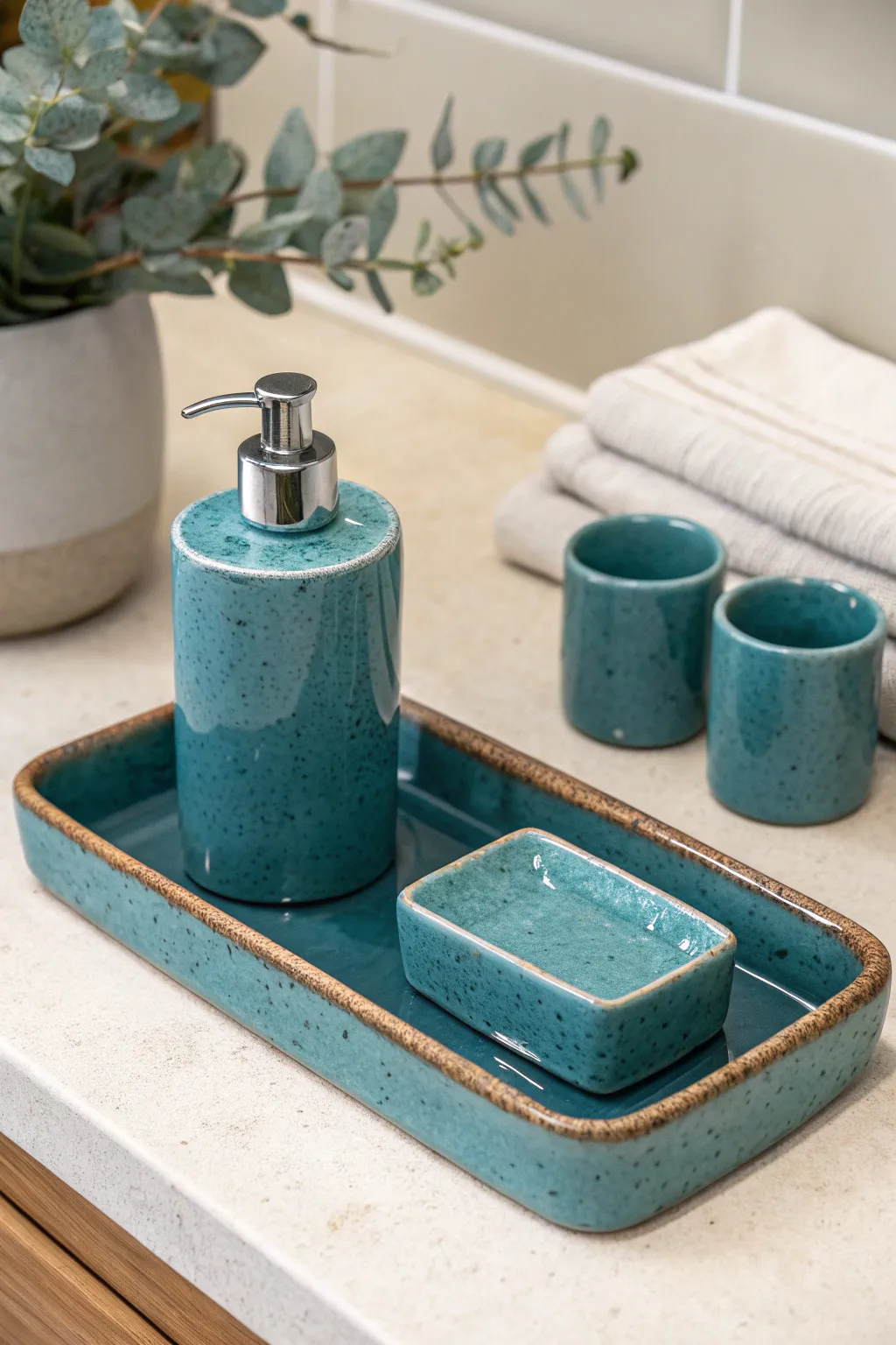 Minimalist ceramic vanity set with matching tray and tumbler in bold glaze, spa calm.
