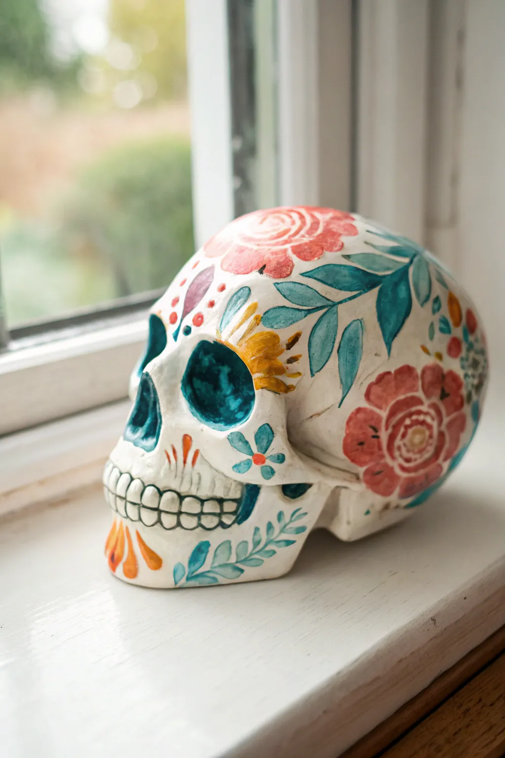 Airy watercolor washes and loose florals bring a modern boho twist to a ceramic sugar skull.