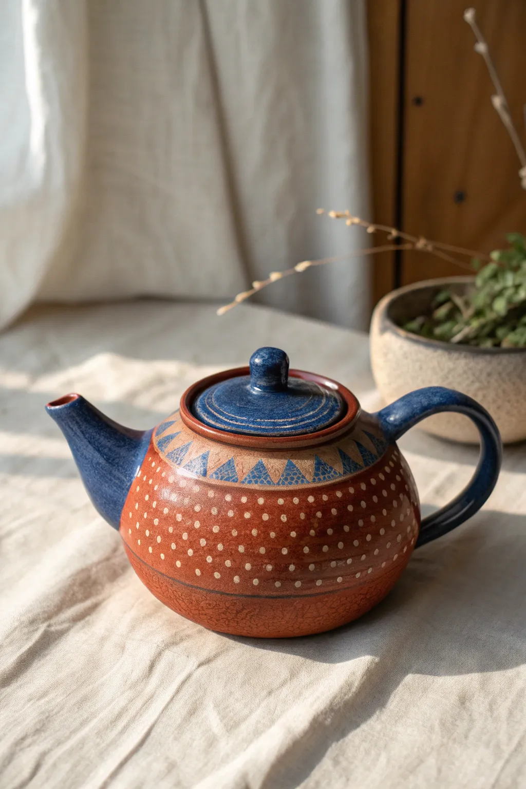 Textured stamped-slip teapot in bold terracotta and cobalt, minimalist Scandinavian styling.