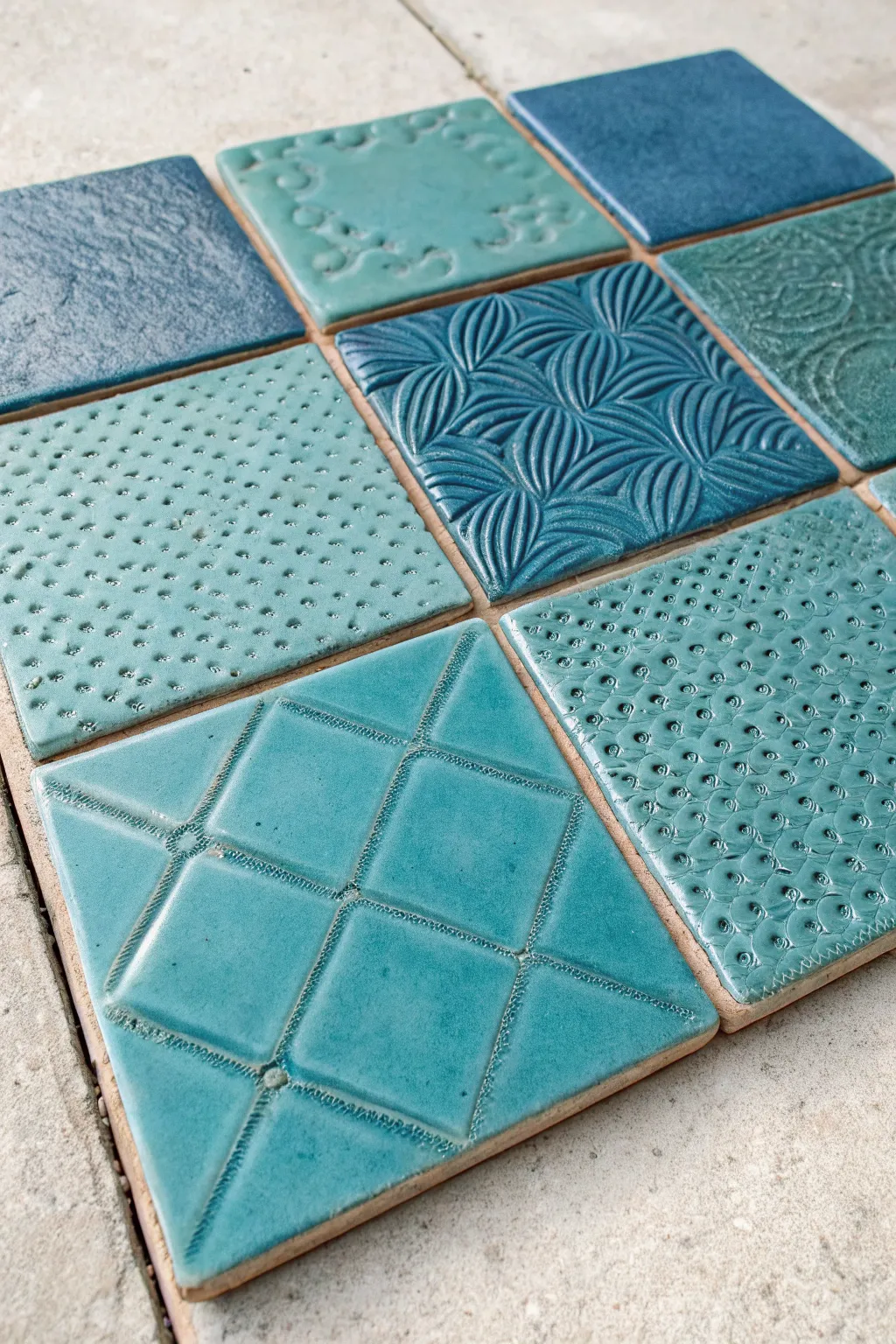 Stamped sampler test tile in bold glaze, showing how dots, lines, and grids catch the light.