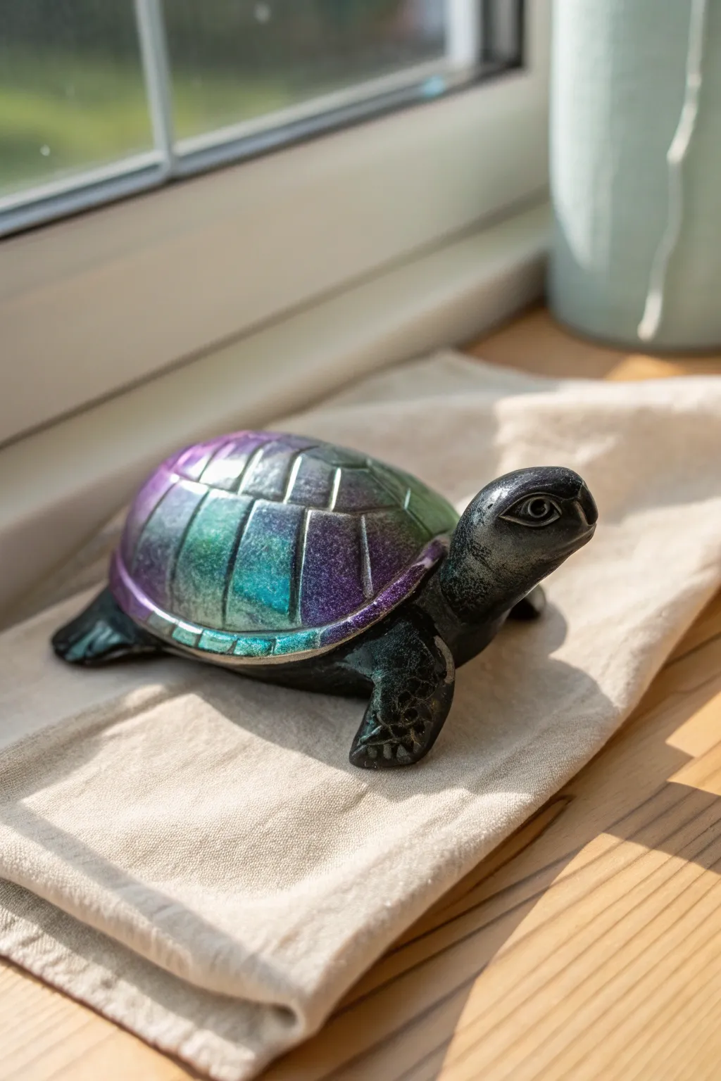 Iridescent fantasy ceramic turtle with a green-to-purple shell and sleek matte body contrast
