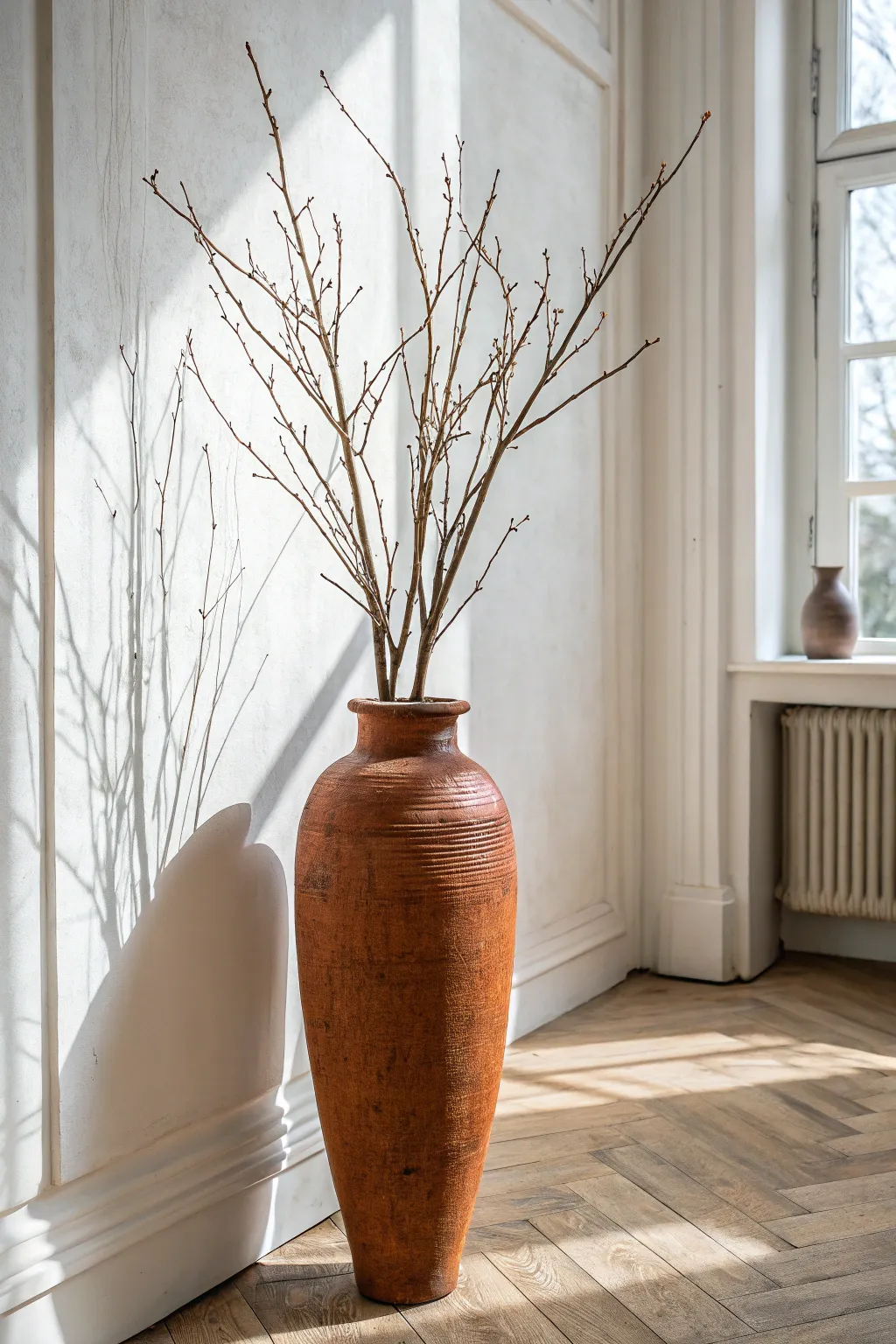 Tall ceramic floor vase with oversized branches, a bold minimalist boho focal point.