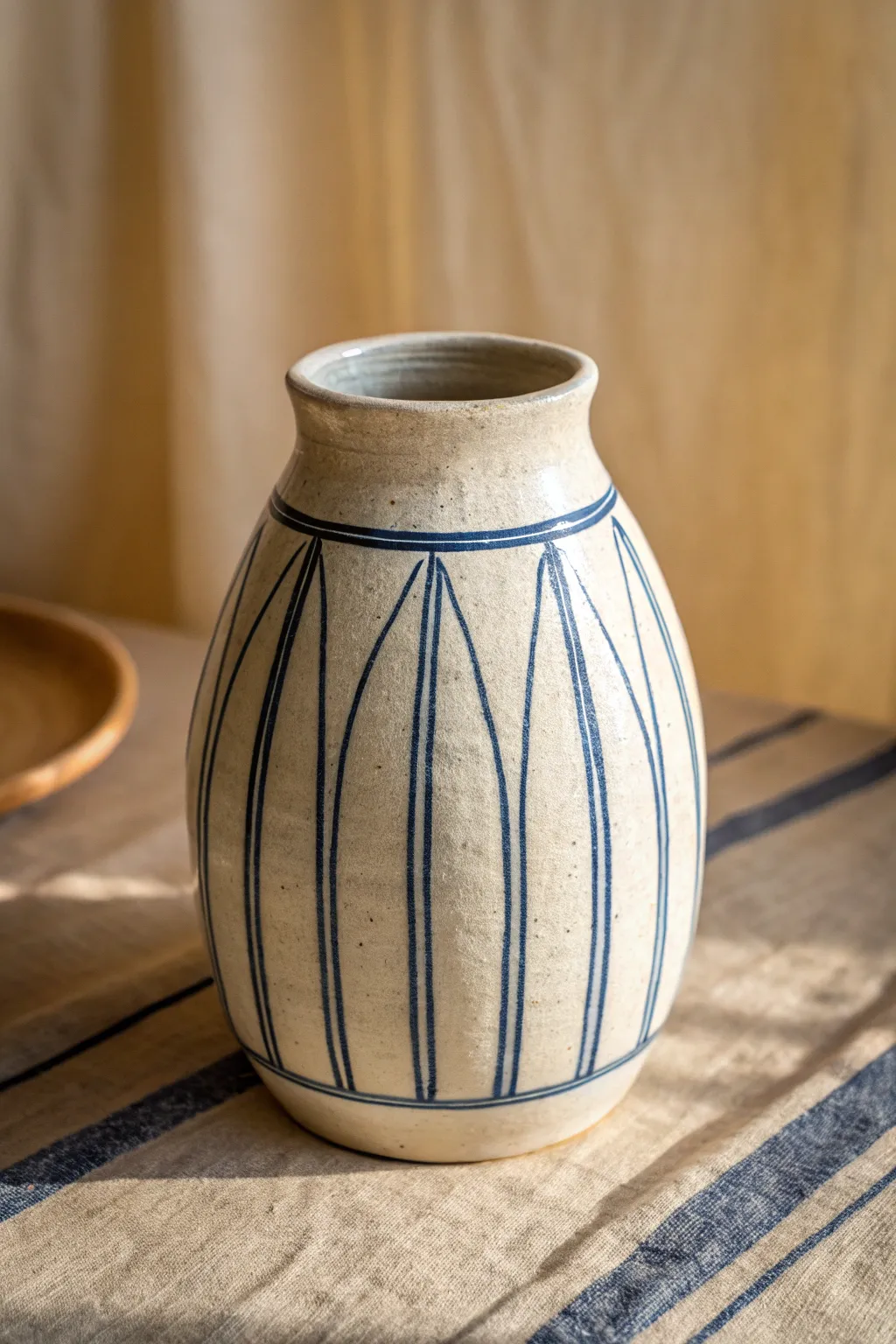Minimal mishima inlay vessel with bold linework, Scandinavian calm with a boho pop.