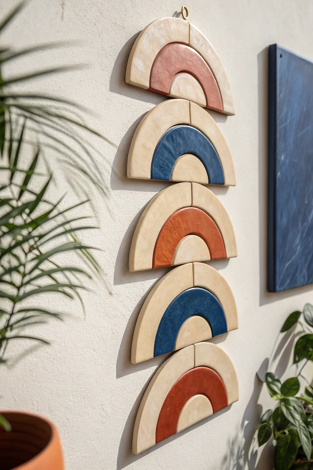 Layered ceramic cutouts in cream, terracotta, and cobalt create bold shadow depth.