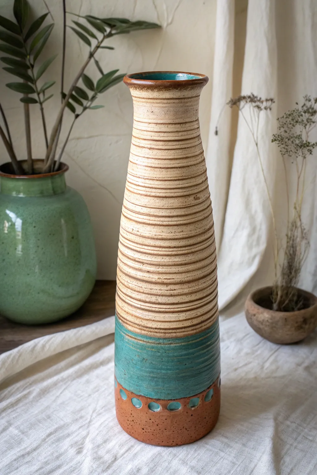 Tall coil-built vessel with rhythmic layers and bold glaze, a simple yet striking final project idea.