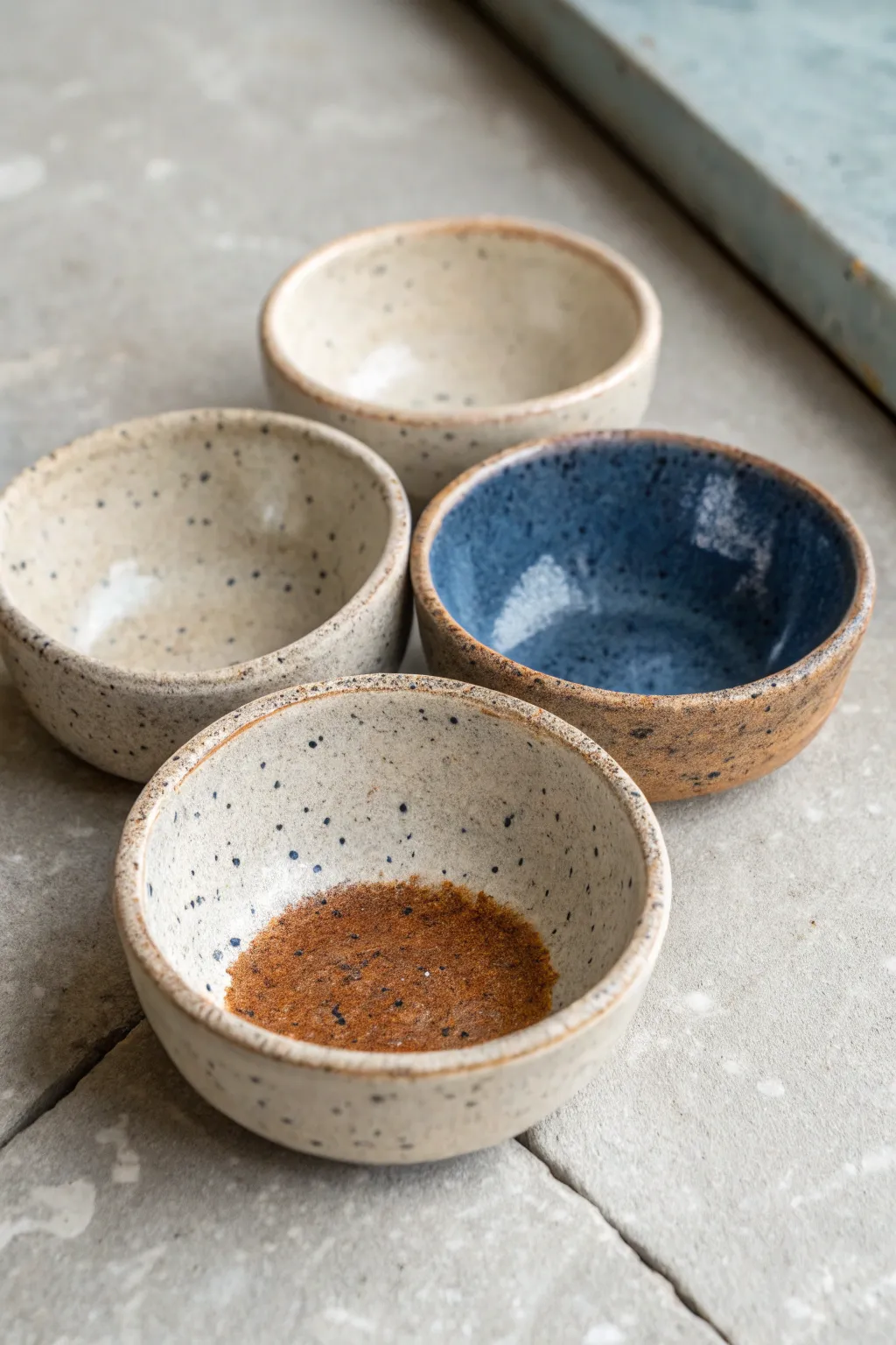 Beginner-friendly pinch bowls in matching glazes, perfect for salt, pepper, and everyday spices.