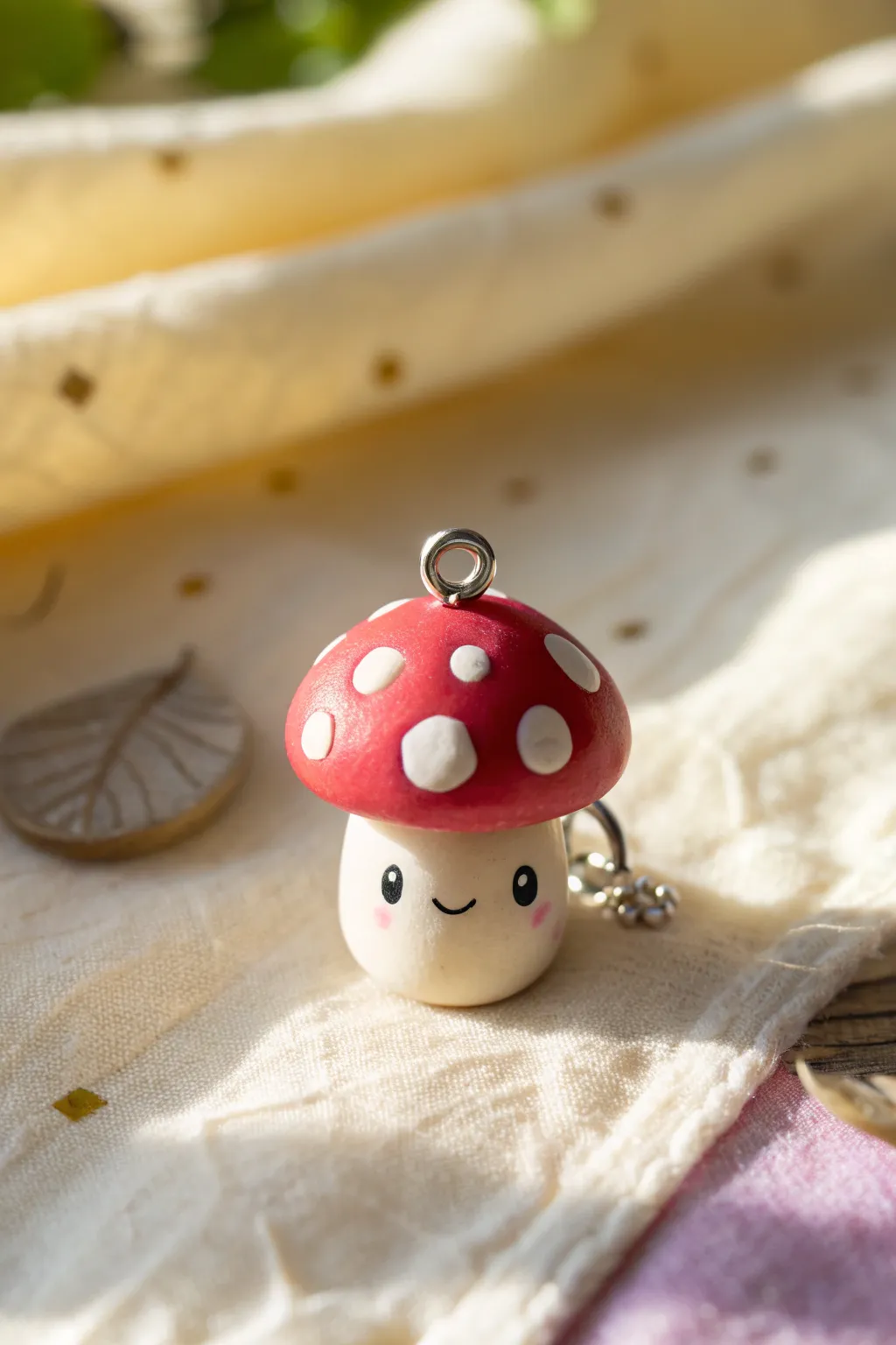 Kawaii mushroom cap charm in bold red and white—simple, cute clay magic for your keychain.