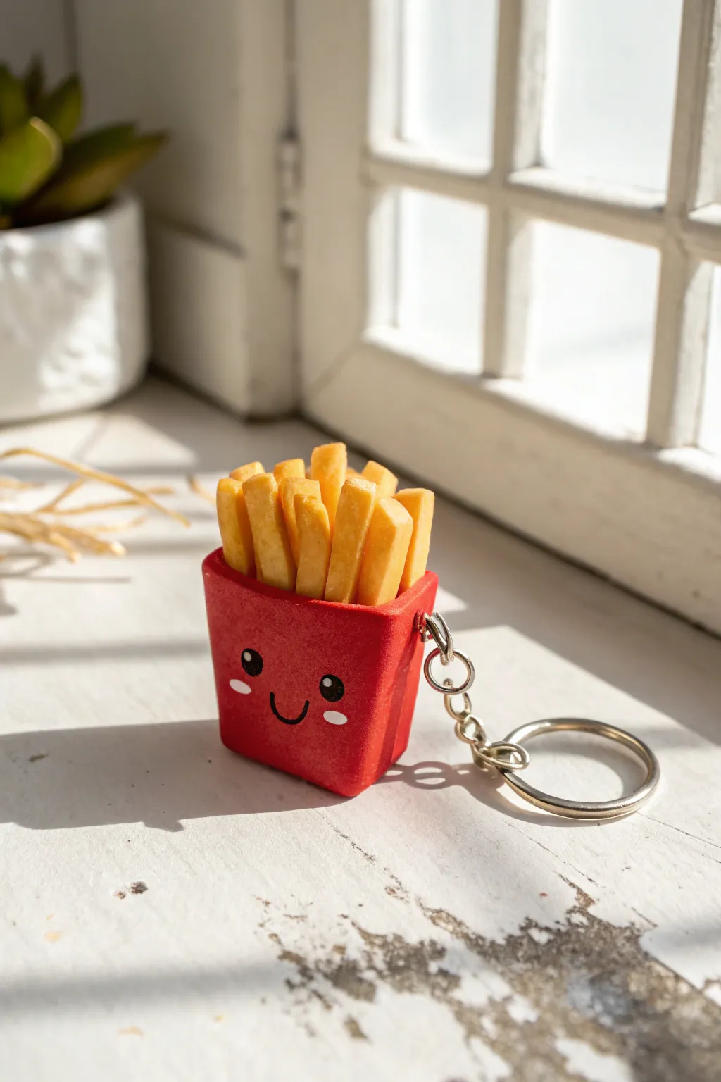 Adorable mini french fry box charm in bold red clay, perfect for cute DIY keychains.