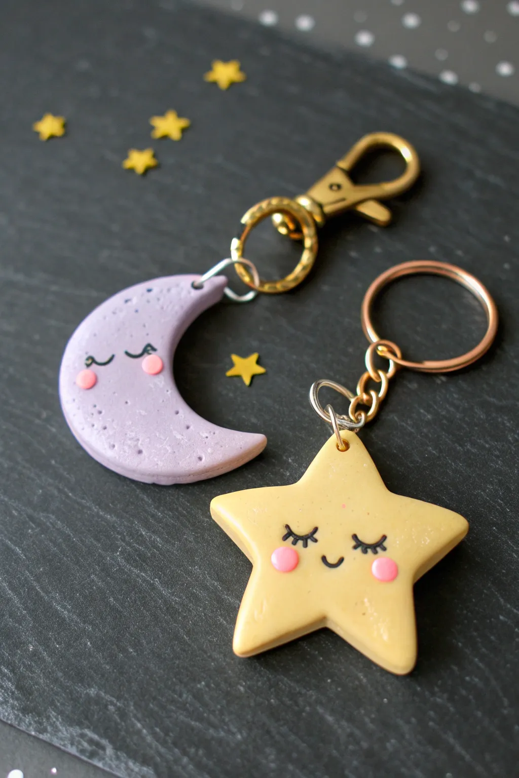 Dreamy sleepy moon and star clay charms in soft pastels, minimalist boho vibe