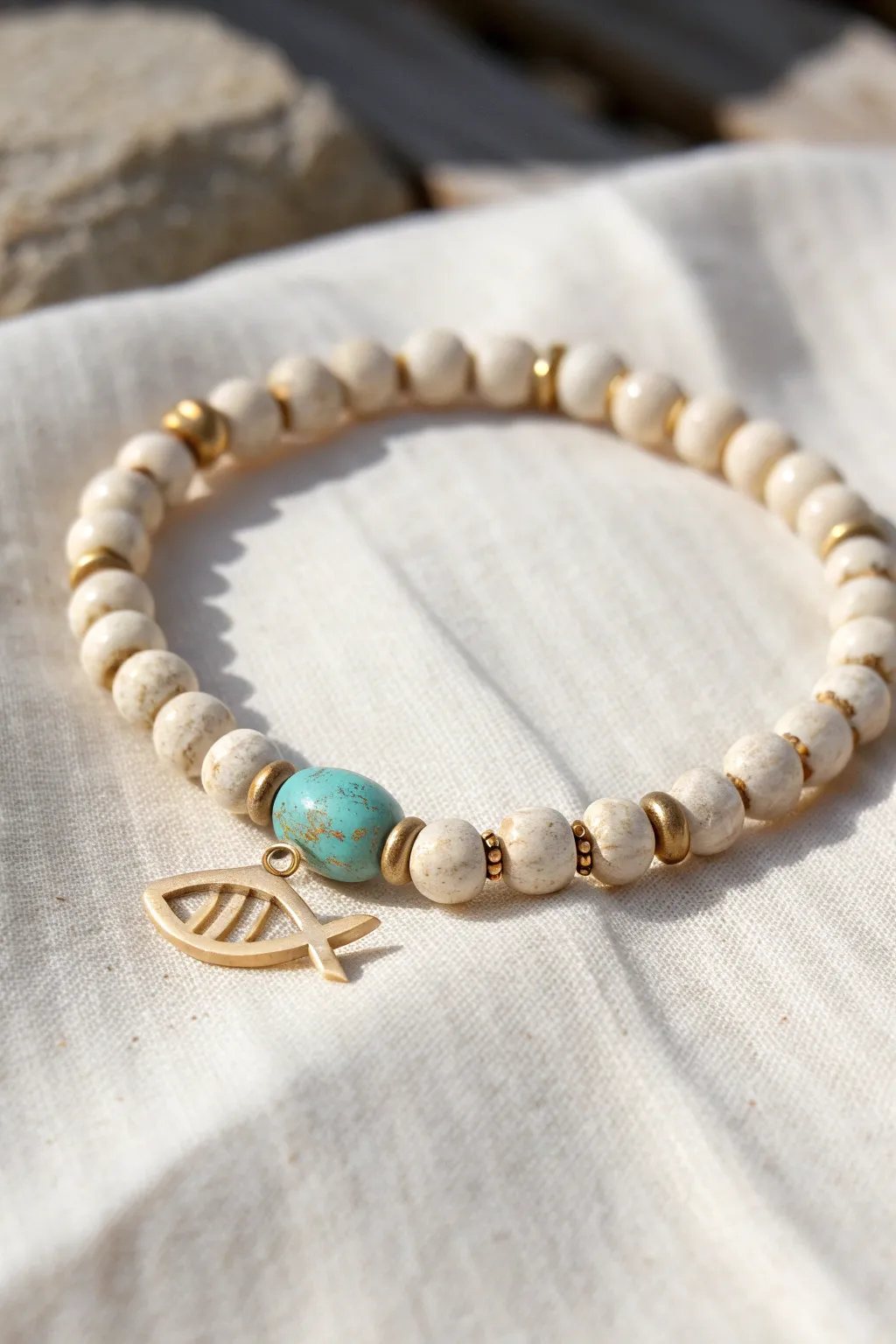 Neutral heishi bracelet with a turquoise Ichthys fish accent, simple and handmade for daily wear
