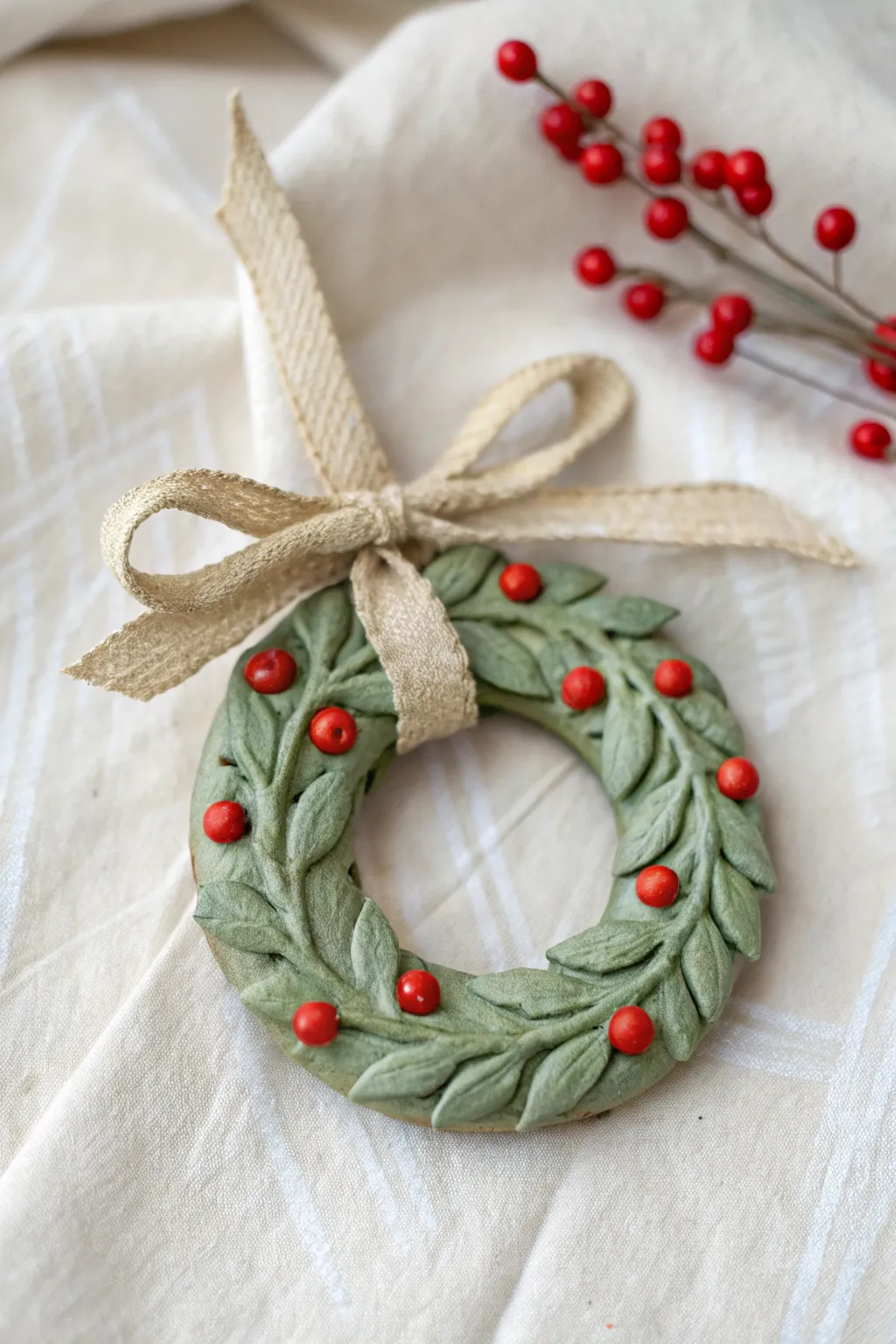 Mini air clay wreath ornament with leafy texture and bright red berries, finished with a ribbon bow.