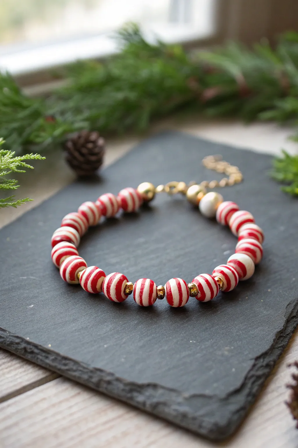 Peppermint swirl clay disc bracelet with red, white, and gold spacers for a festive finish.