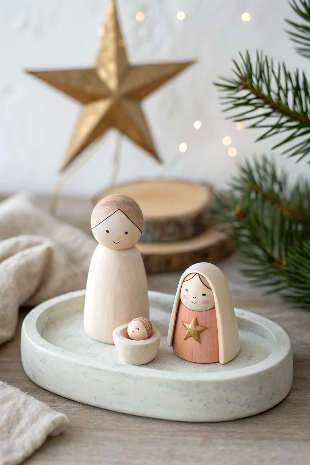 Minimal clay nativity on a single base with a tiny gold star, calm Scandinavian holiday decor