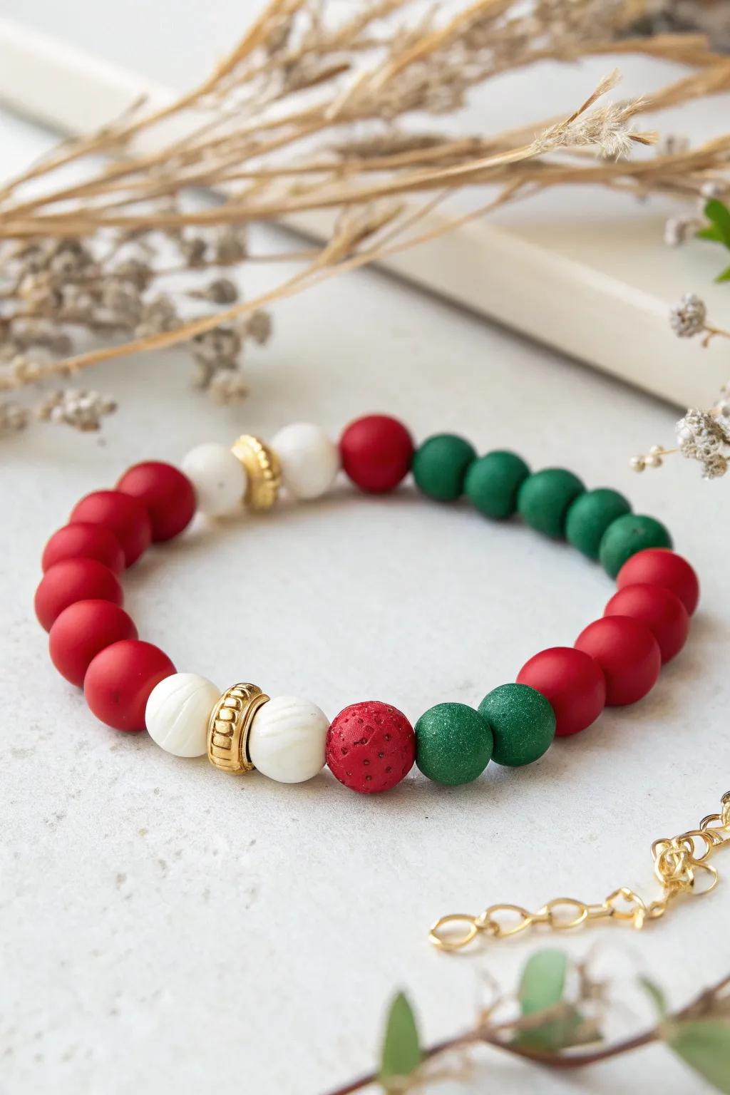 Christmas color-block clay bead bracelet with a metallic ornament spacer, bold and minimalist.