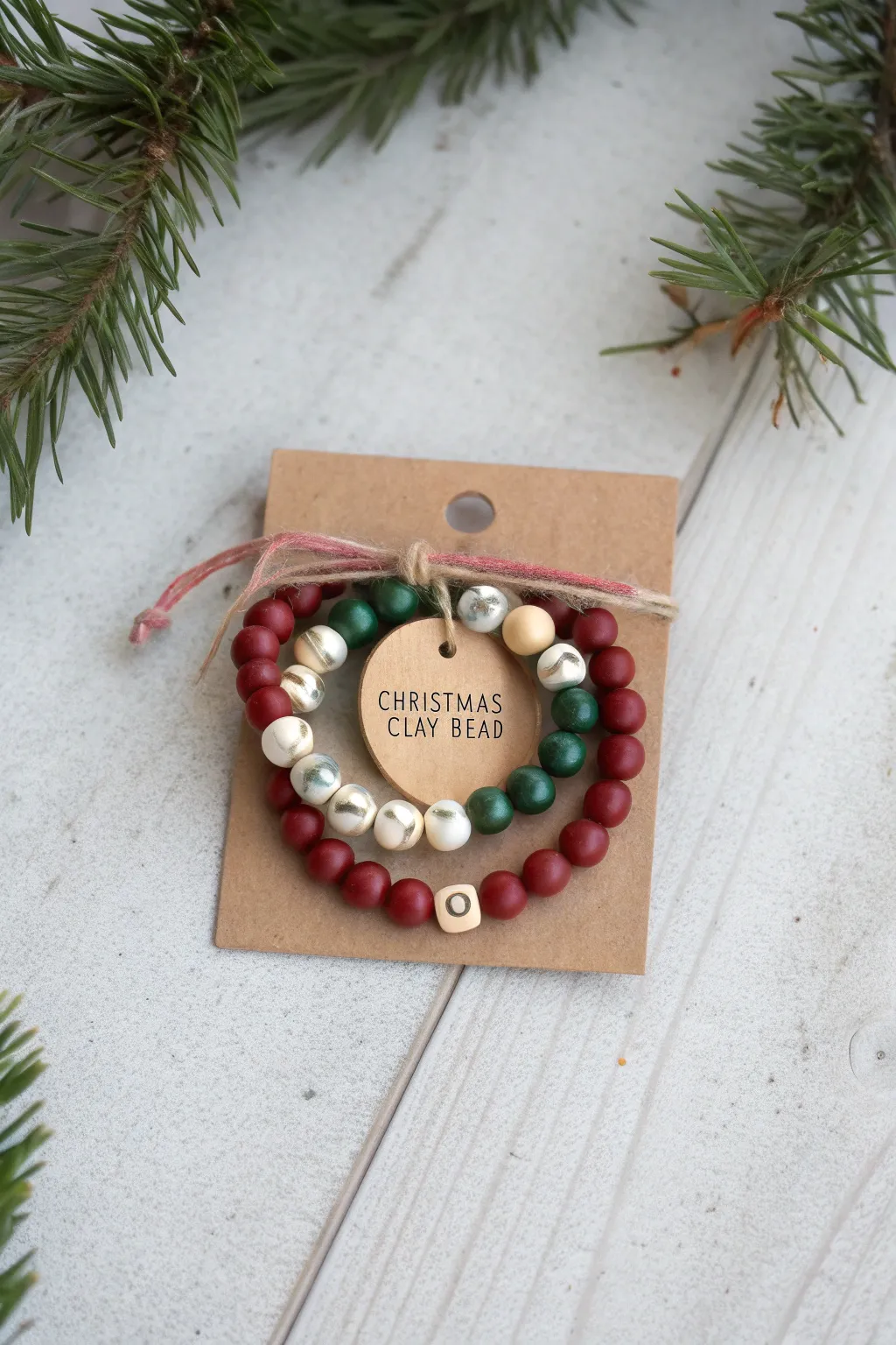 Gift-ready Christmas clay name bracelets on a minimalist card, bold festive colors, cozy Nordic vibe
