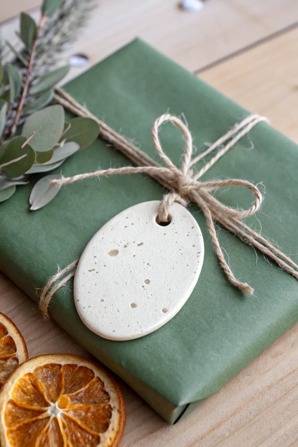 Scandi-minimal clay keepsake tag on a wrapped gift, a cozy Christmas touch for personal names and year