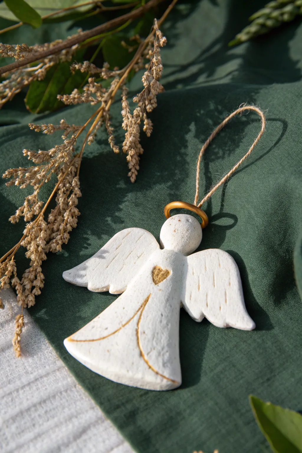 Simple clay angel ornament in white and gold, perfect for kids Christmas crafting.