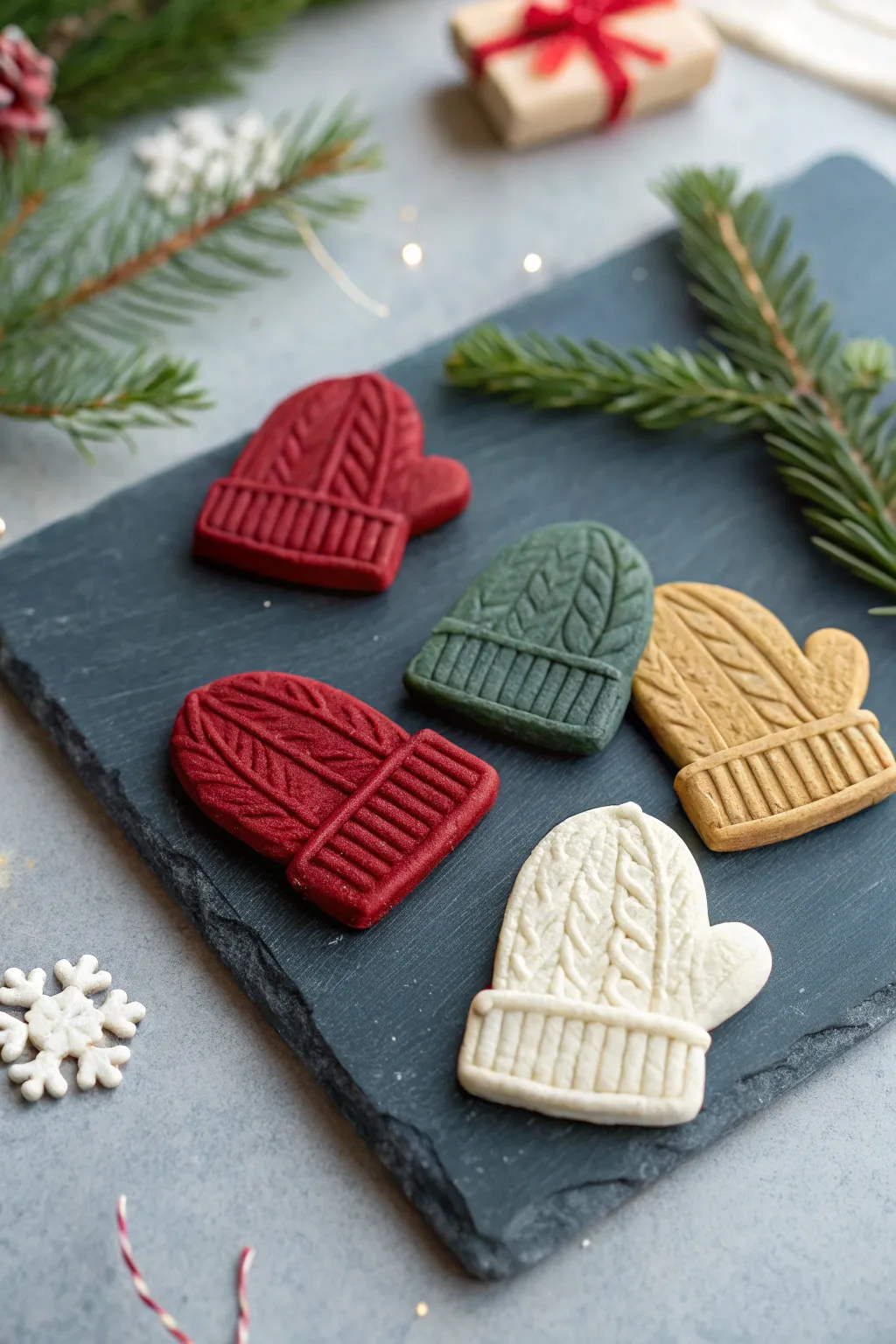 Cozy mitten and knit hat clay magnets in bold holiday hues, minimalist Nordic styling.
