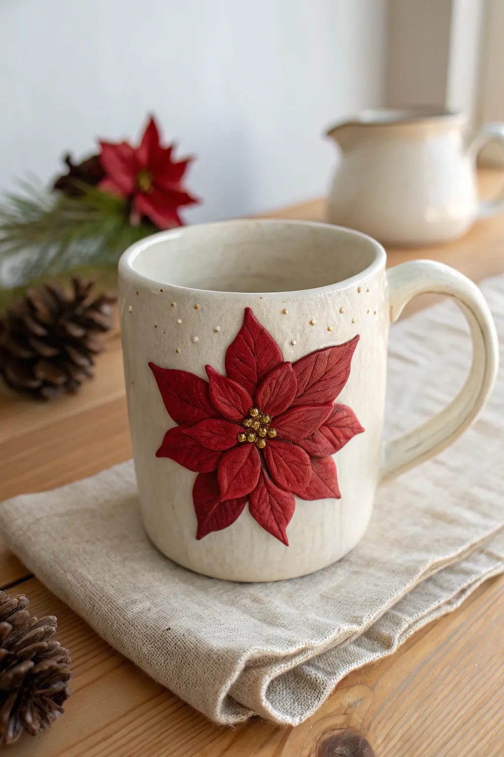 Minimalist Christmas mug with a bold raised poinsettia—simple petals and cozy festive contrast.