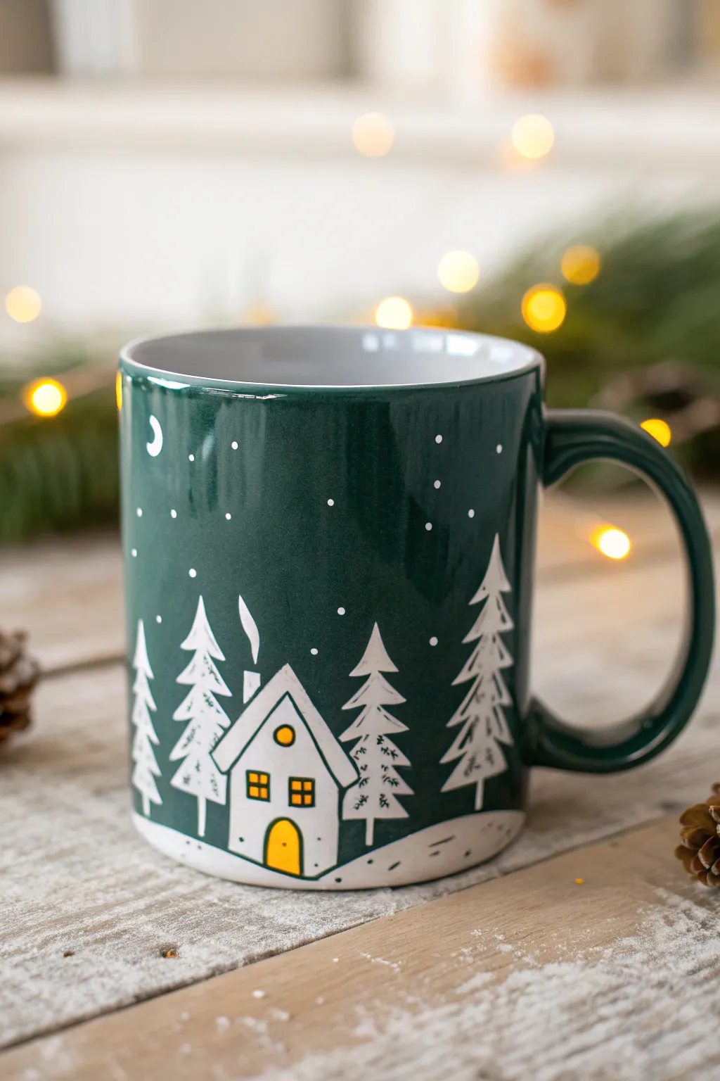 Cozy winter village wraparound mug design with snowy rooftops and warm window lights