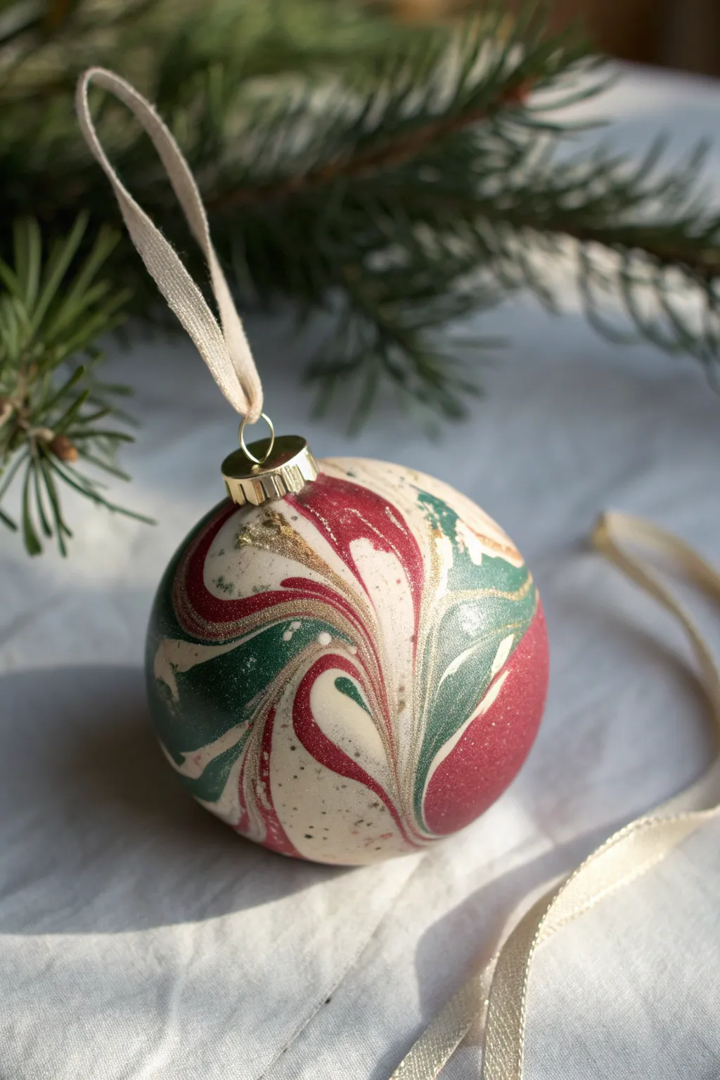 Handcrafted marbled clay bauble in festive swirls, minimalist Scandinavian Christmas charm.