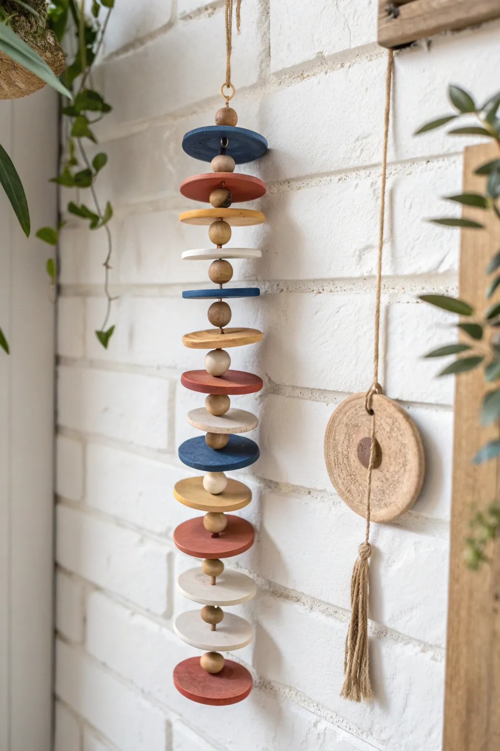 Stacked clay circles in bold earthy tones create a minimalist wall mobile with soft boho charm.