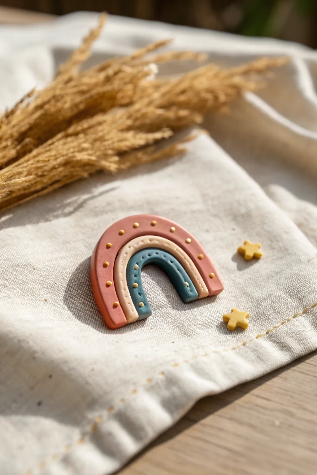 Simple rainbow clay brooch pin adds a pop of color to a minimalist canvas pouch.
