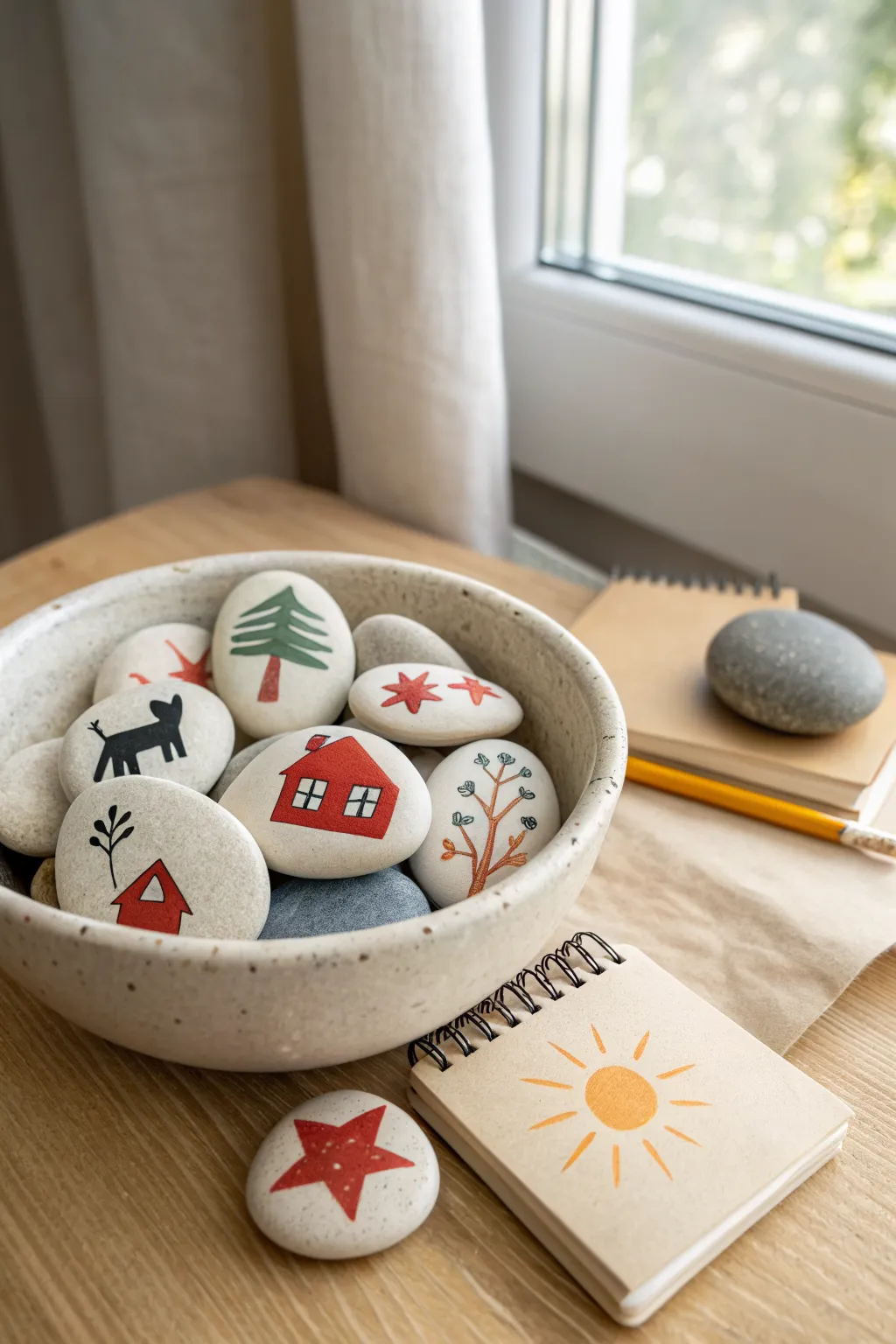 Colorful clay story stones in a minimalist bowl, ready to spark imaginative pretend play.