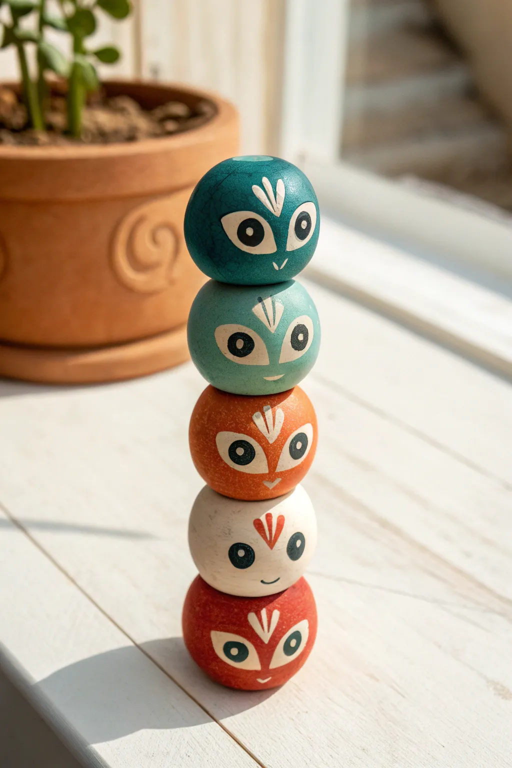 Stacked alien totem beads in bold glazes, minimalist boho decor with playful sci-fi charm.