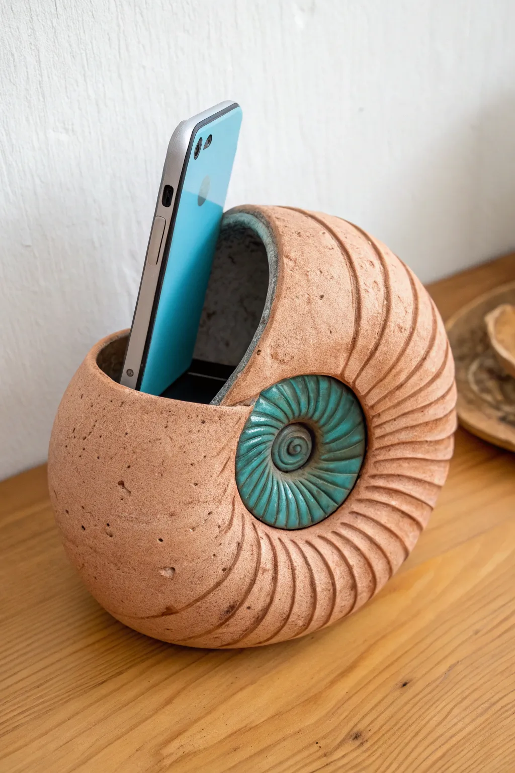 Sculptural nautilus clay amplifier with hidden phone slot, bold teal interior, and calm minimal style.