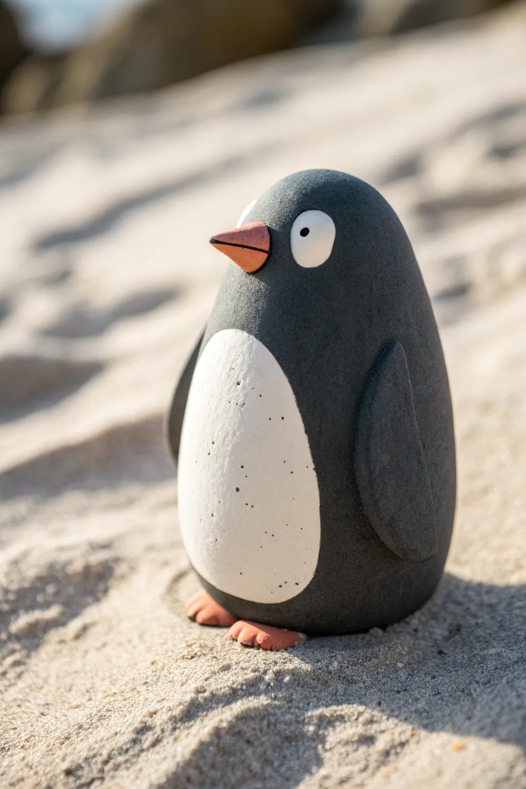 Modern clay penguin with crisp color-blocked belly, simple shapes, bold contrast, boho calm