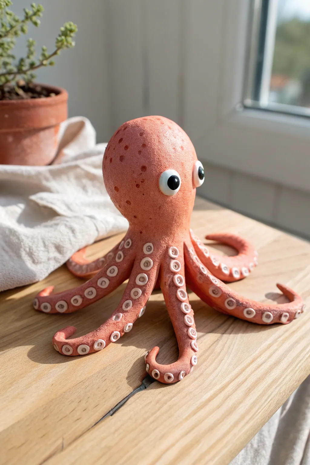 Stubby-tentacled mini clay octopus in bold coral, a cute animal idea that stands up.