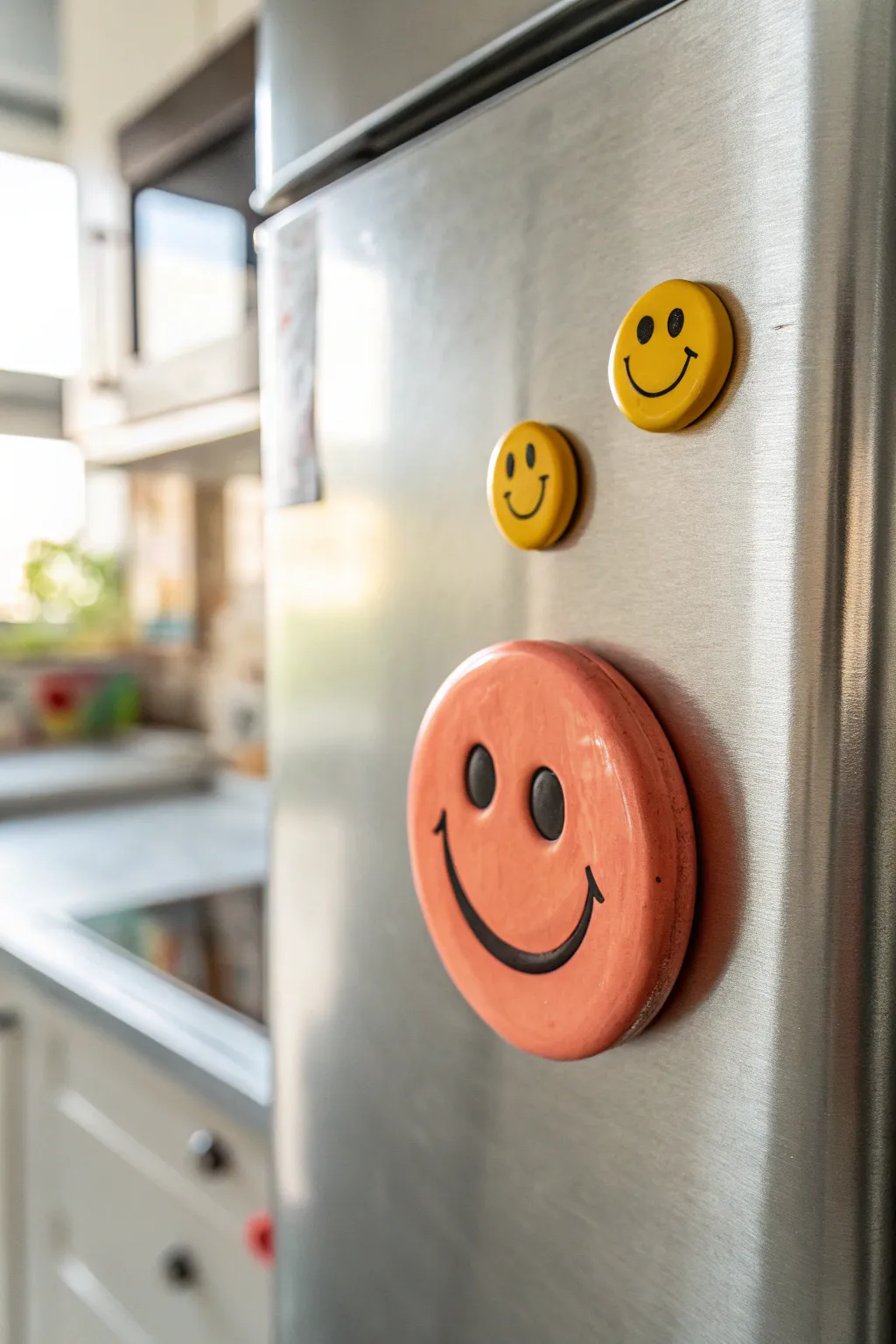 Cheerful handmade clay smiley magnet in bold colors, perfect for easy DIY fridge decor.