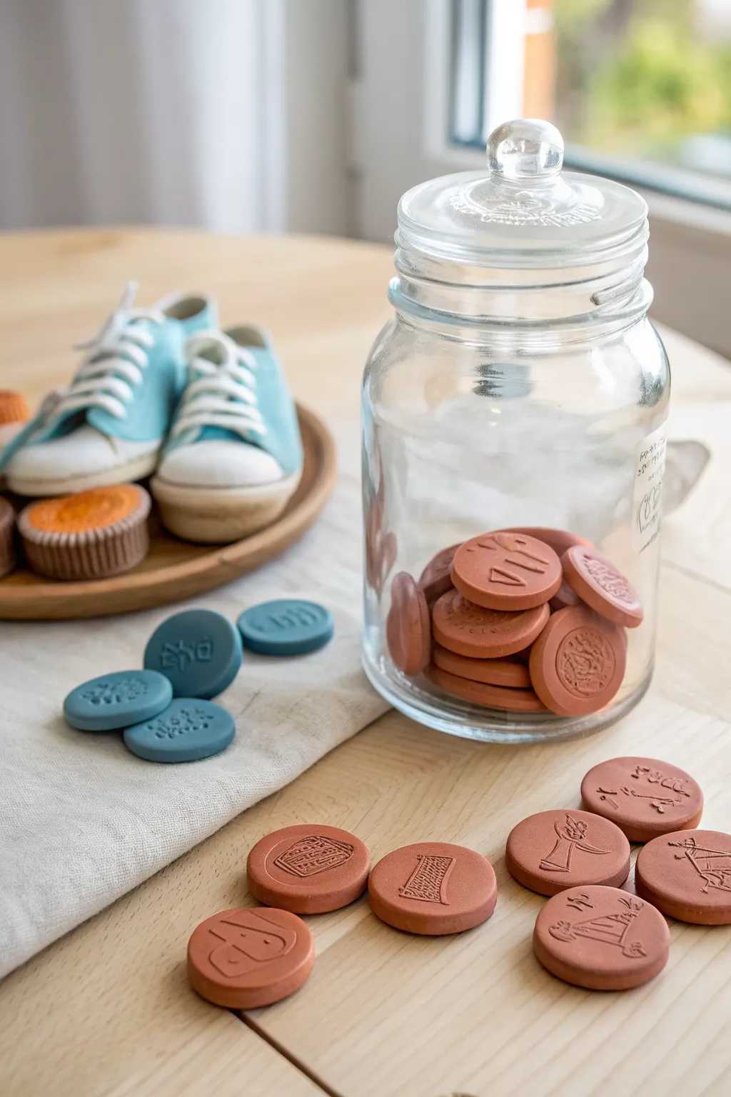 A minimalist glass jar of colorful clay date tokens, ready to pick for your next cozy night out