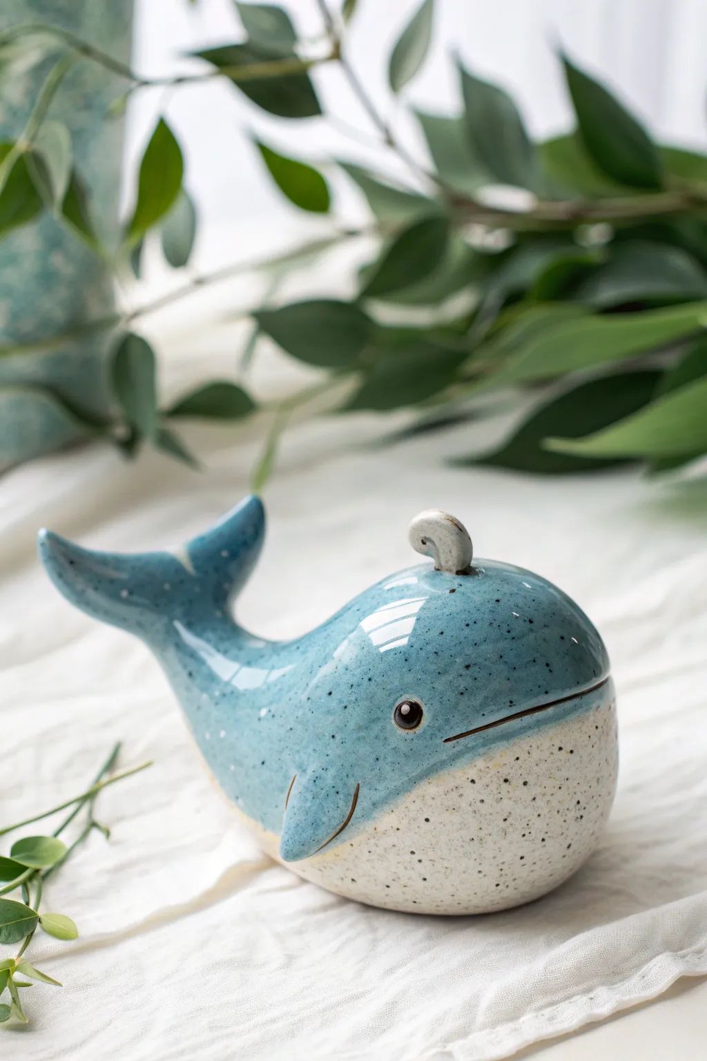 Cute whale blob with a tiny water spout in ocean blues, a minimalist clay animal idea to try.