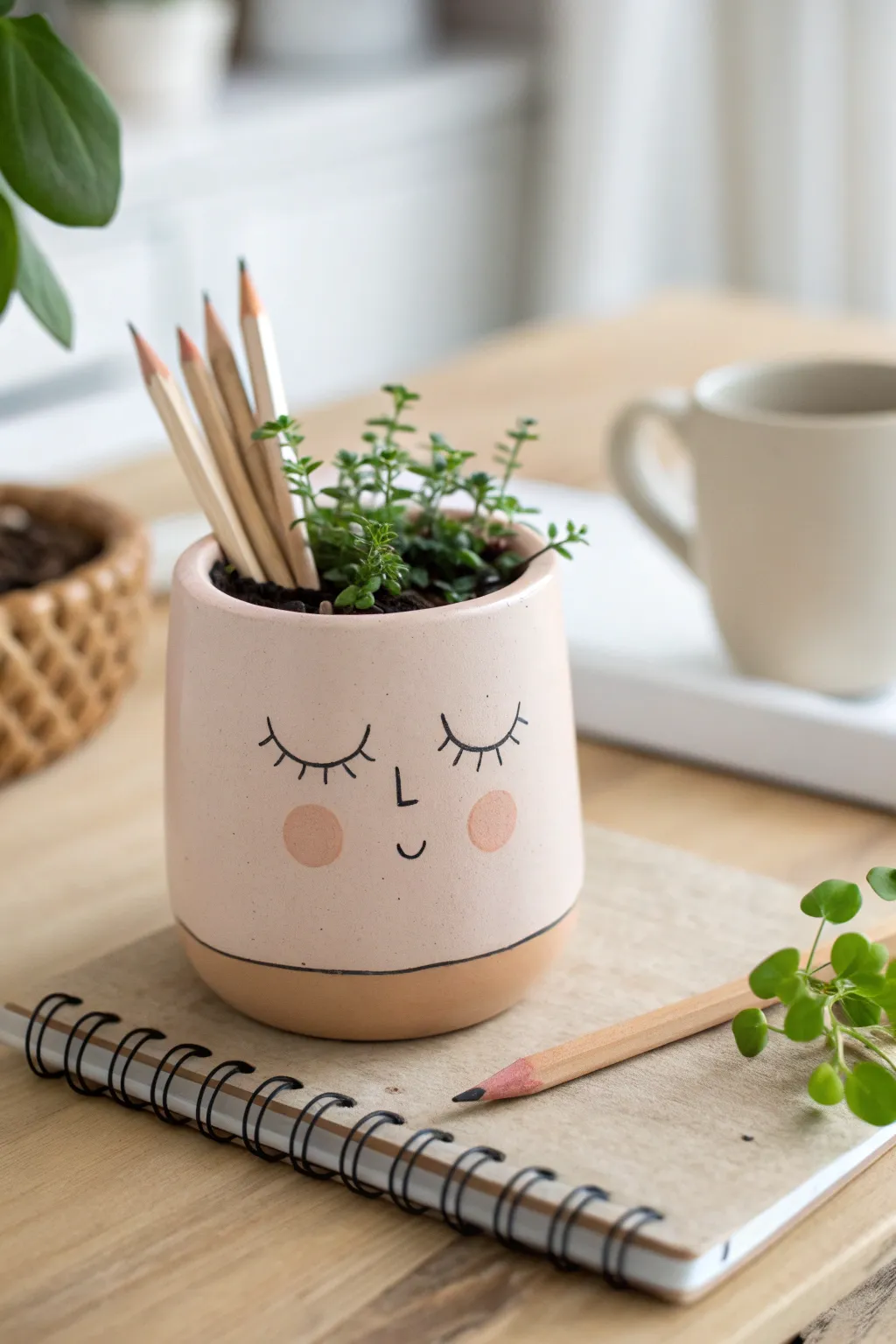 Sweet face planter pencil cup in terracotta and blush, styled on a cozy minimalist desk