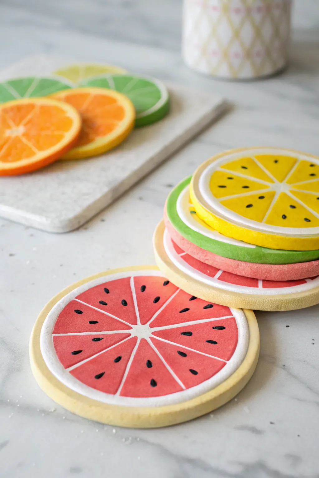 Bright handmade clay fruit slice coasters in a minimalist stack, bold color blocks and simple lines
