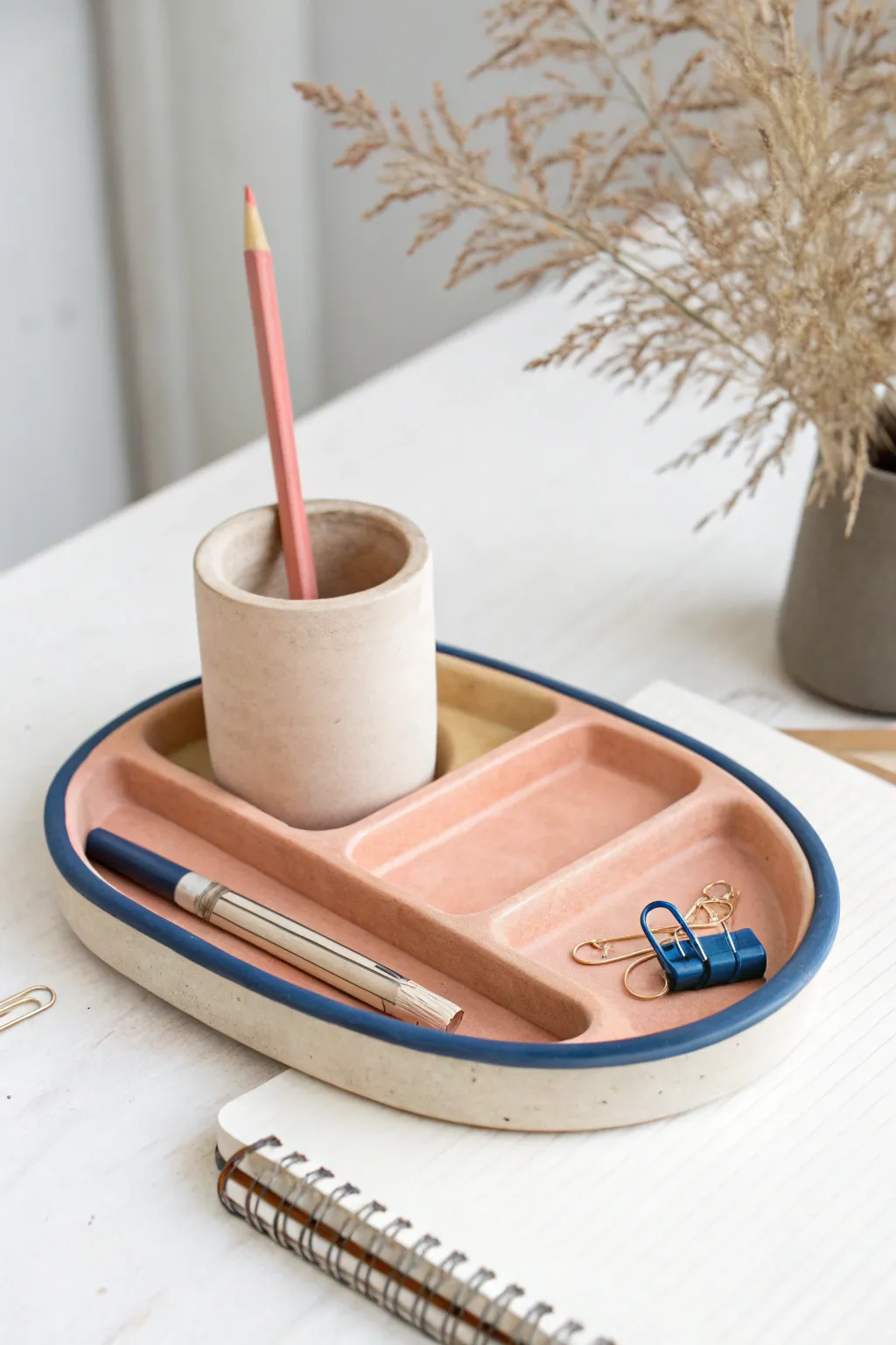 Chic DIY clay desk organizer in muted tones with a bold accent for a calm, tidy workspace.