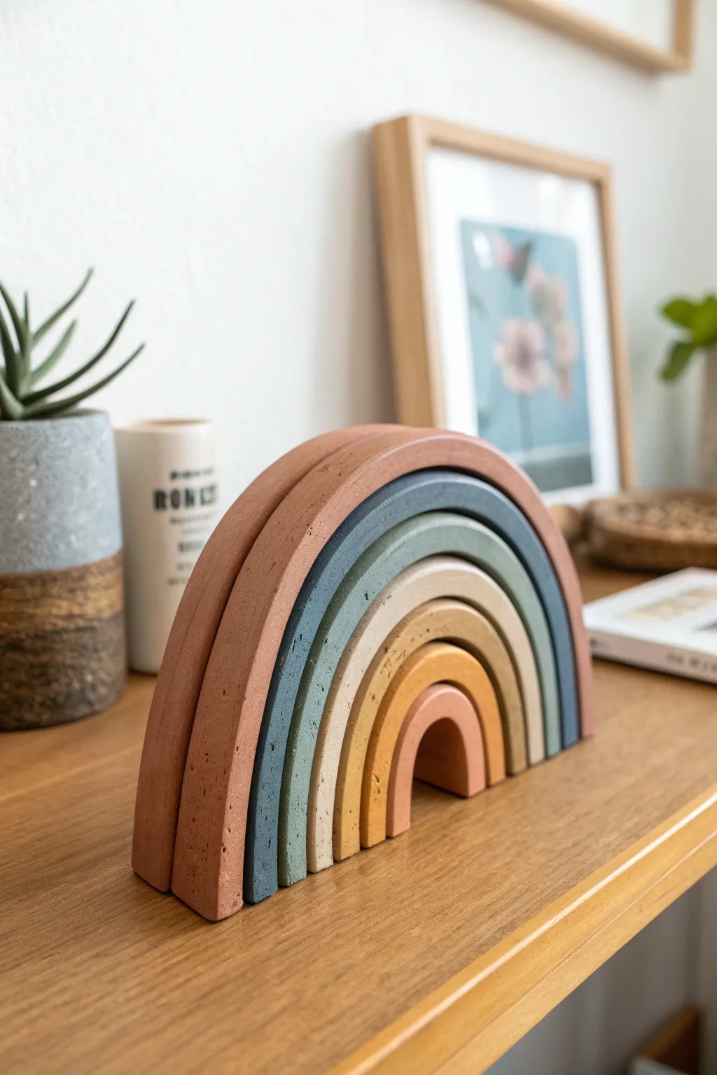 Beginner-friendly clay rainbow arch adds a pop of calm color to your minimalist desk