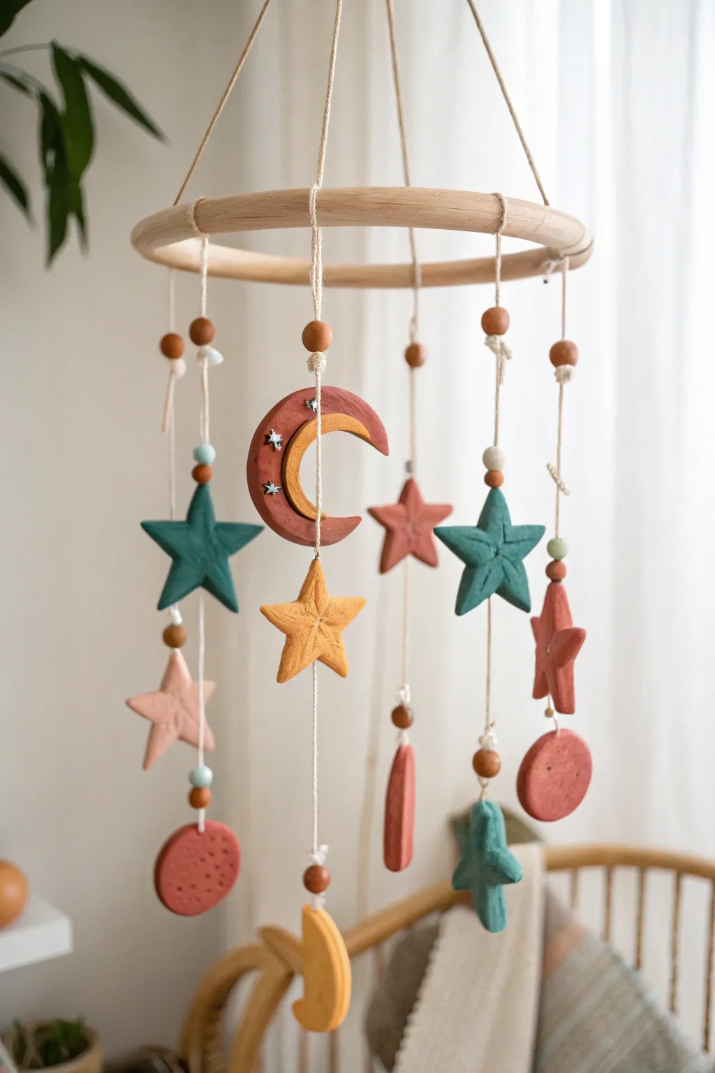 Sweet starry clay mobile for kids: simple shapes, bold colors, and cozy boho calm.